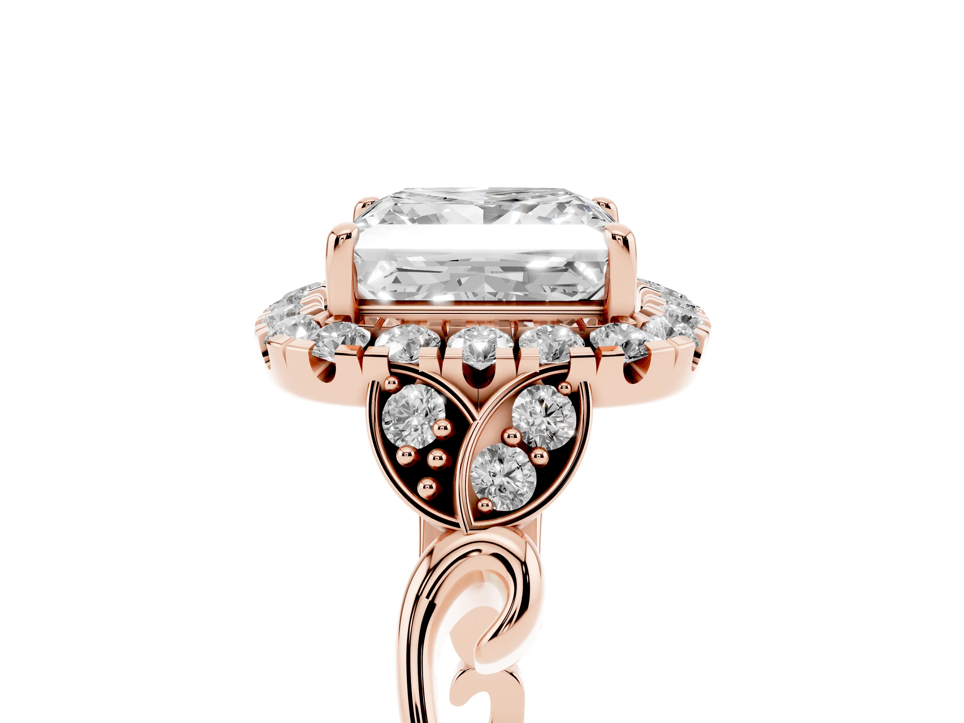 Princess Cut Diamond Halo Engagement Ring Set in Rose gold with Vintage-Inspired Band and Prong Setting