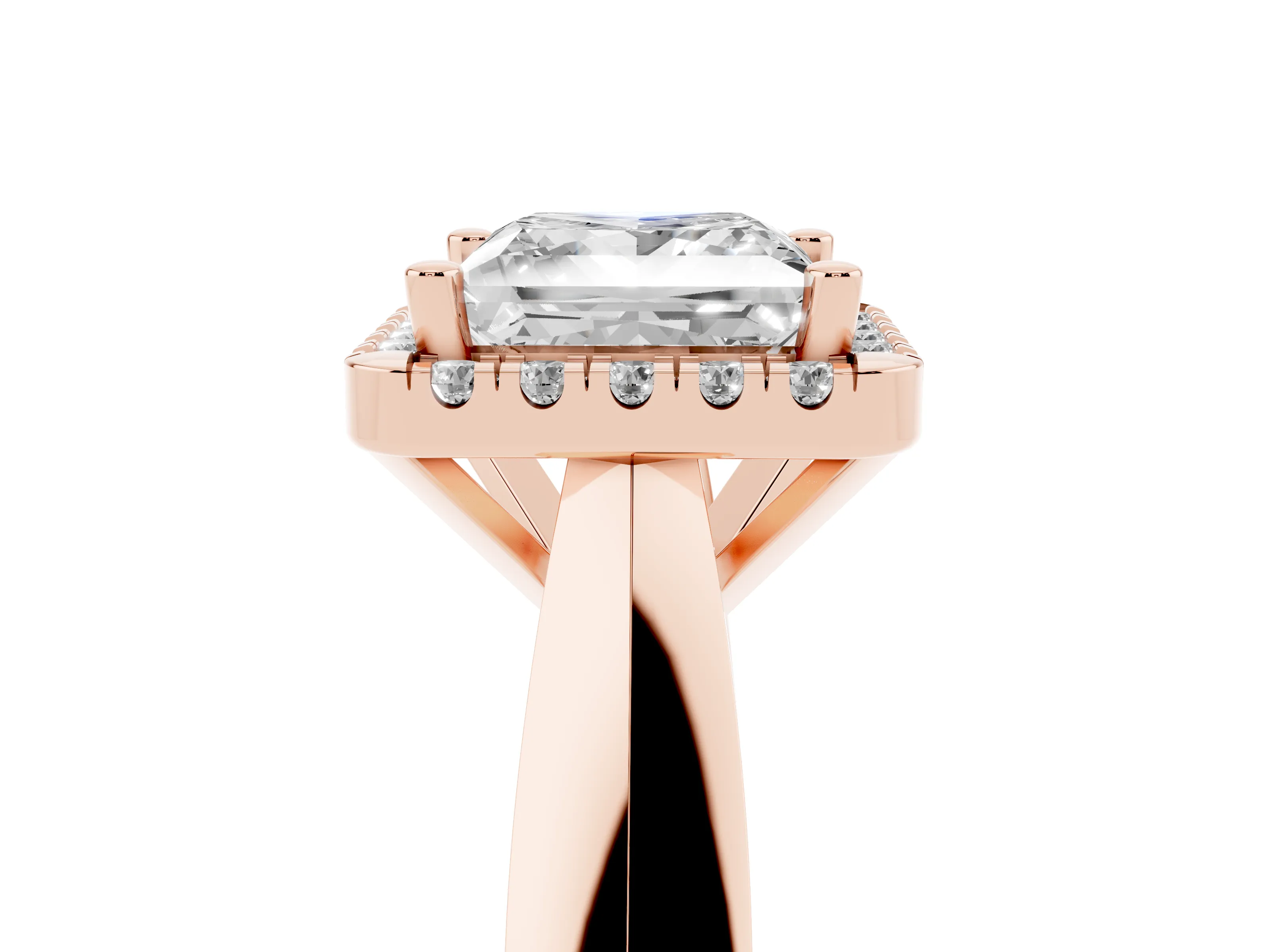 Princess Cut Diamond Halo Solitaire Engagement Ring Set in Rose gold with Square Band and Prong Setting