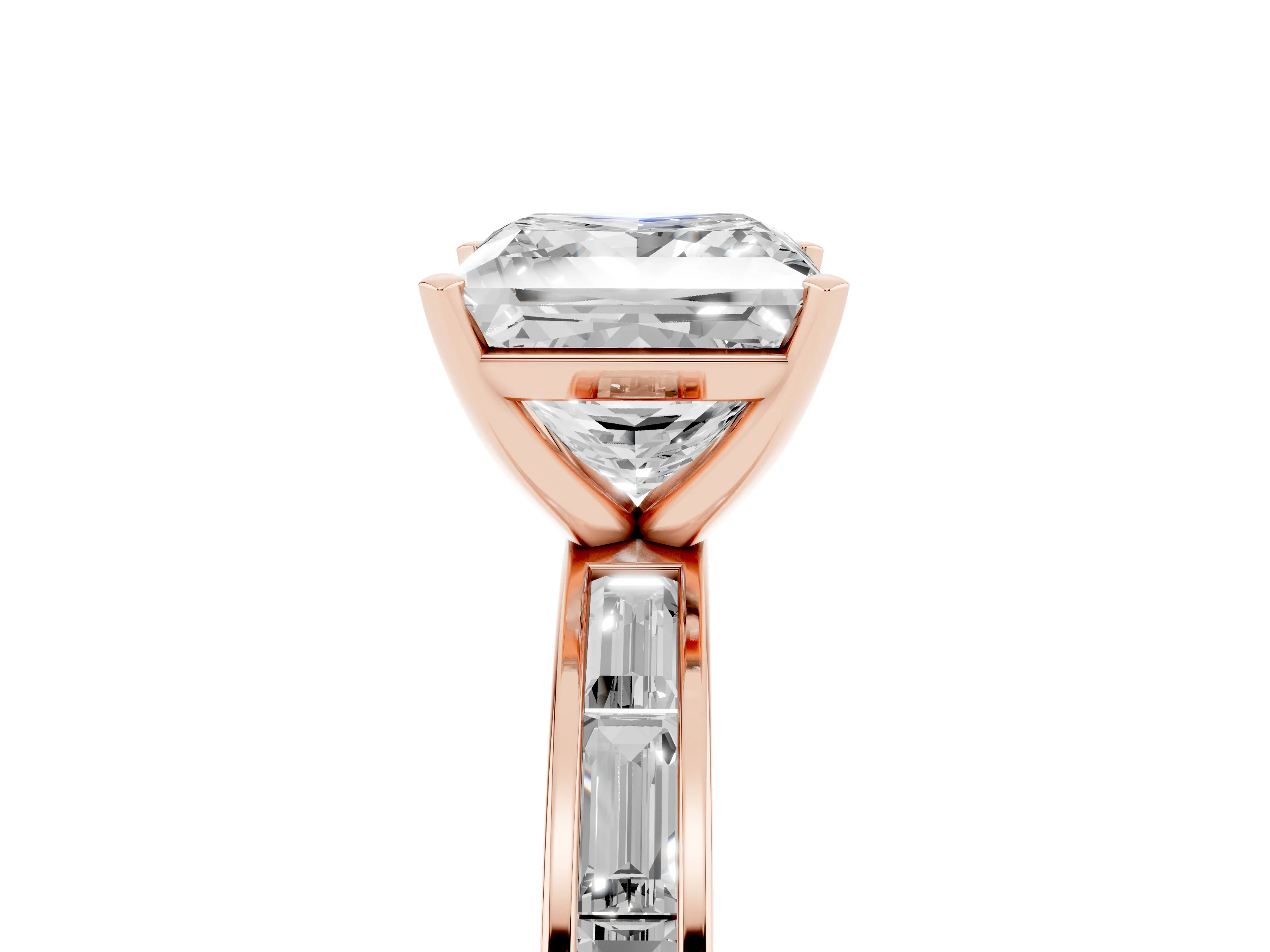 Princess Cut Diamond Solitaire Ring Set in Rose gold with Channel-Set Baguette Band and Prong Setting