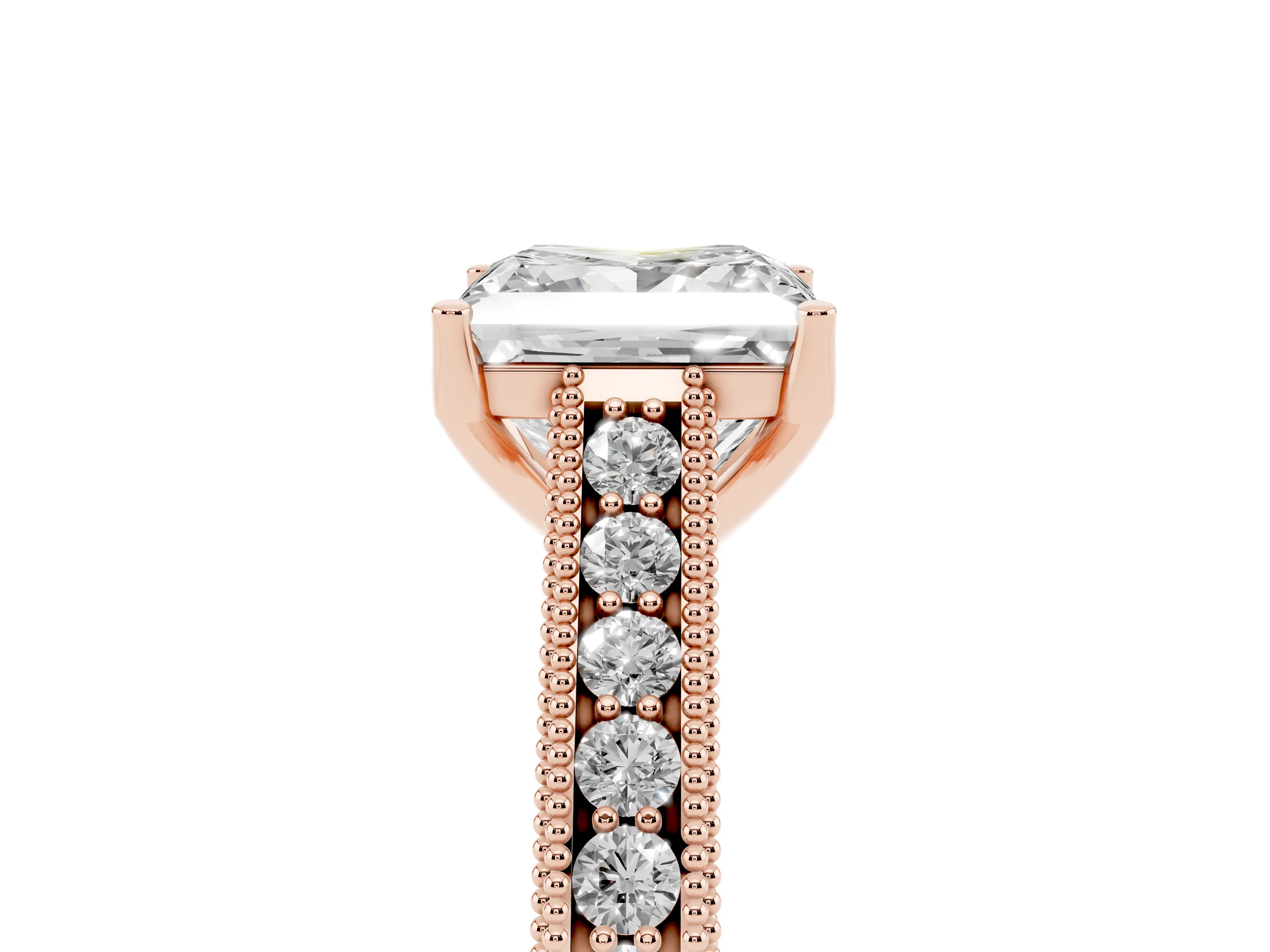 Princess Cut Diamond Milgrain Pavé Band Solitaire Ring Set in Rose gold with Prong Setting