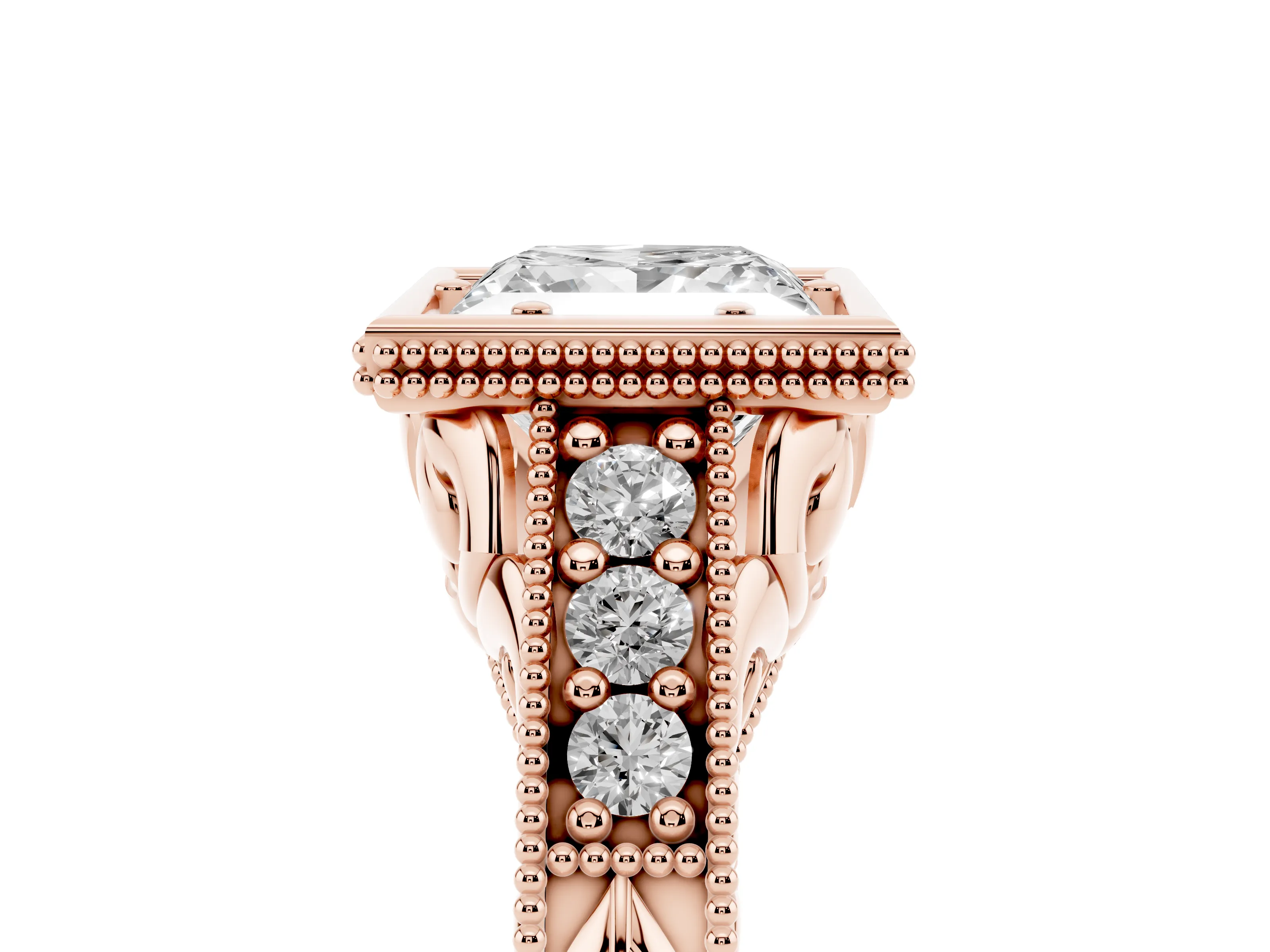 Bezel Set Princess Cut Diamond Milgrain Pavé Engagement Ring Set in Rose gold