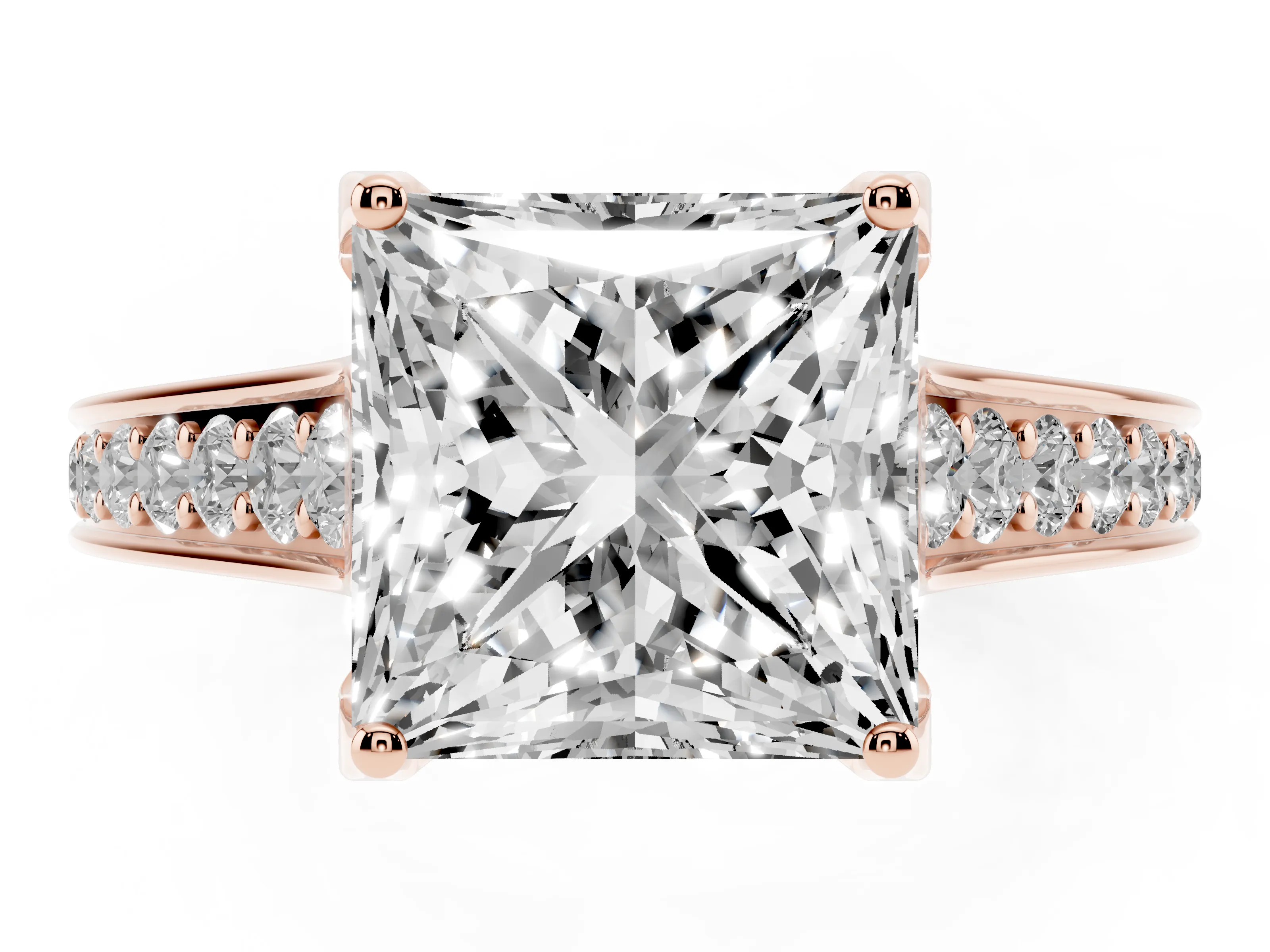 Princess Cut Diamond Solitaire Pavé Engagement Ring Set in Rose gold with Prong Setting