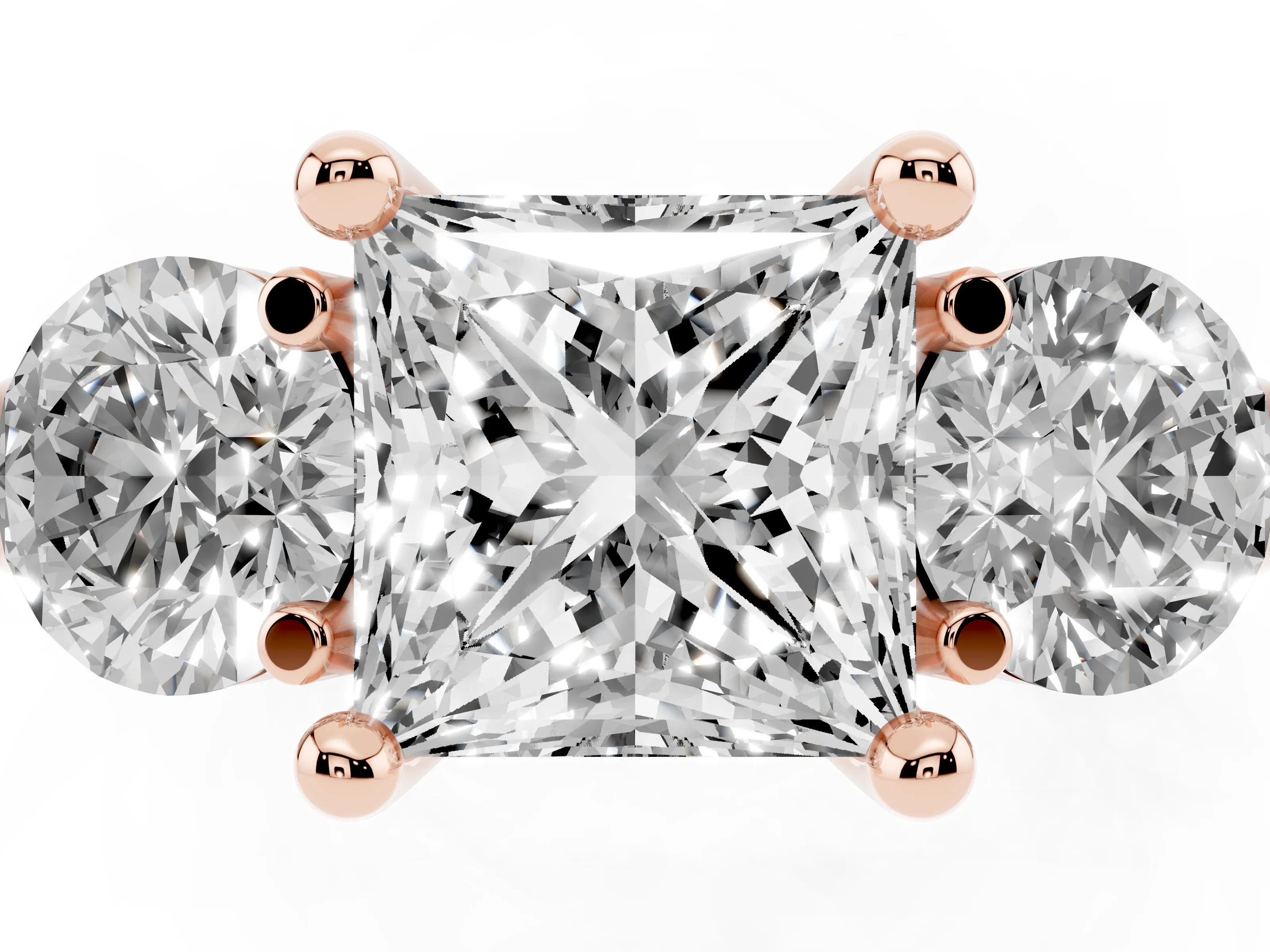 Princess Cut Diamond Three-Stone Ring Set in Rose gold with Prong Setting and Classic Band