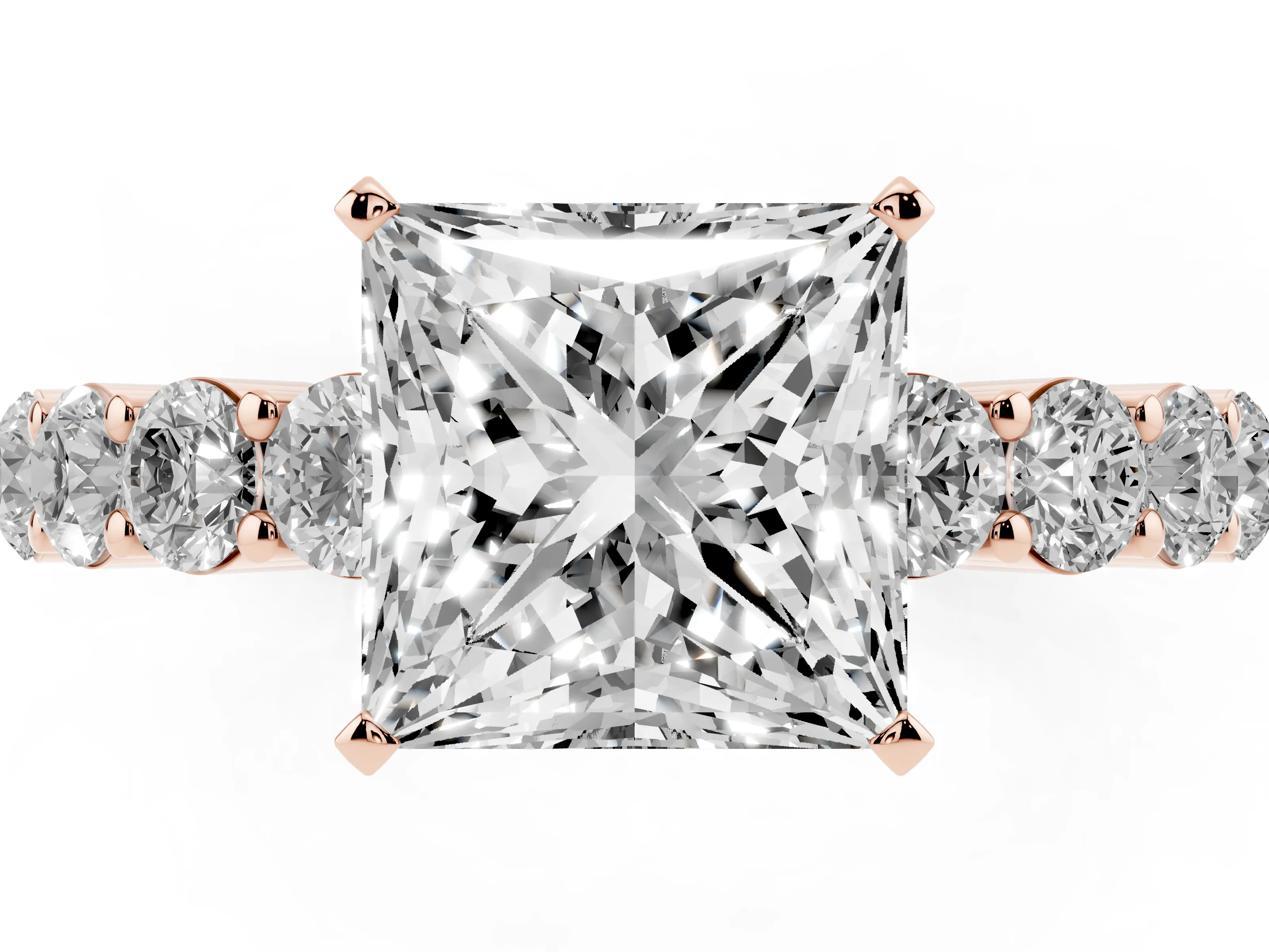 Princess Cut Diamond Solitaire Ring Set in Rose gold with Shared Prong Round Side Stones