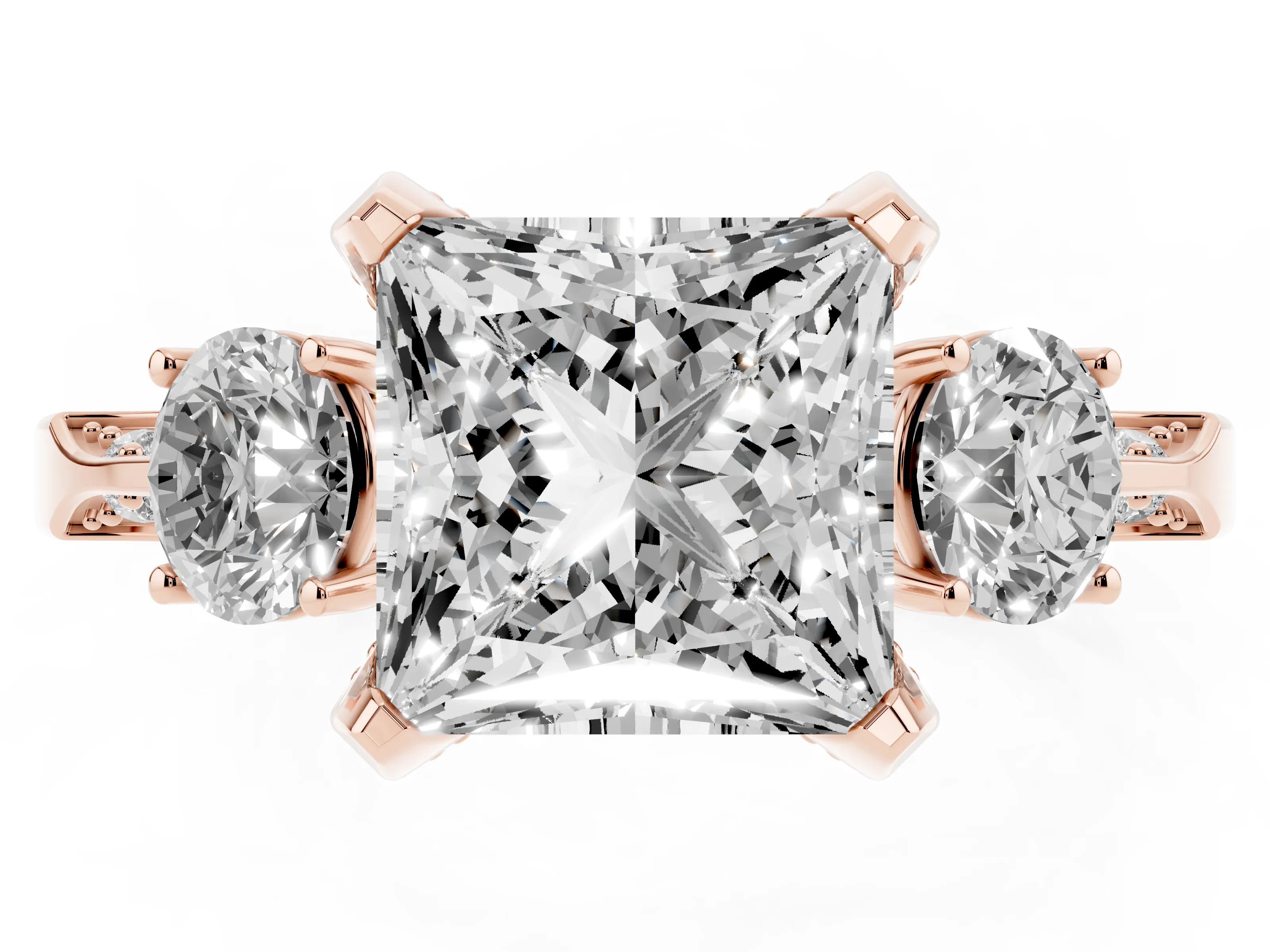 Princess Cut Diamond Three-Stone Ring Set in Rose gold with Pavé Band and Smaller Side Stones
