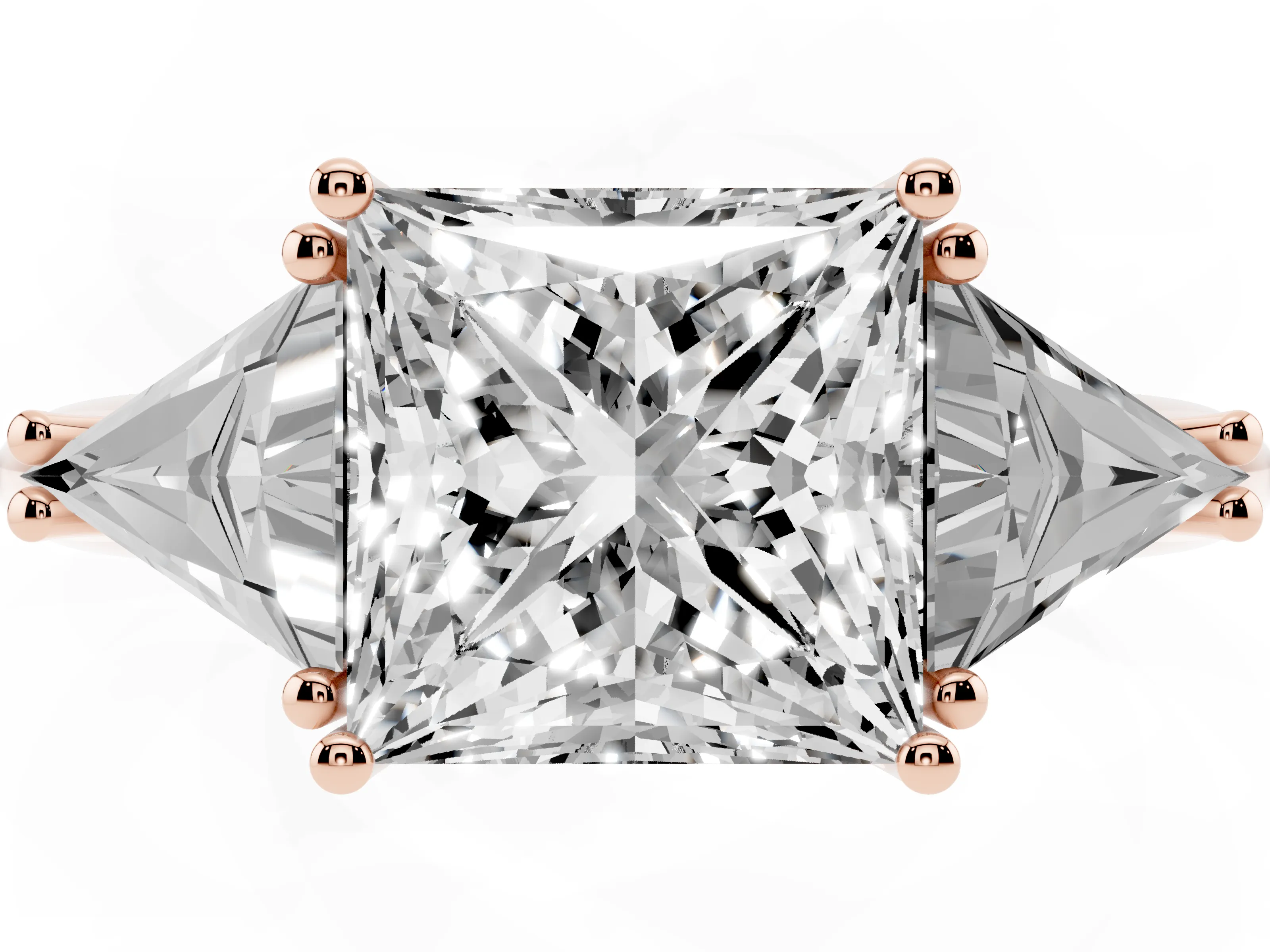 Princess Cut Diamond Three-Stone Engagement Ring Set in Rose gold with Trillion Side Stones