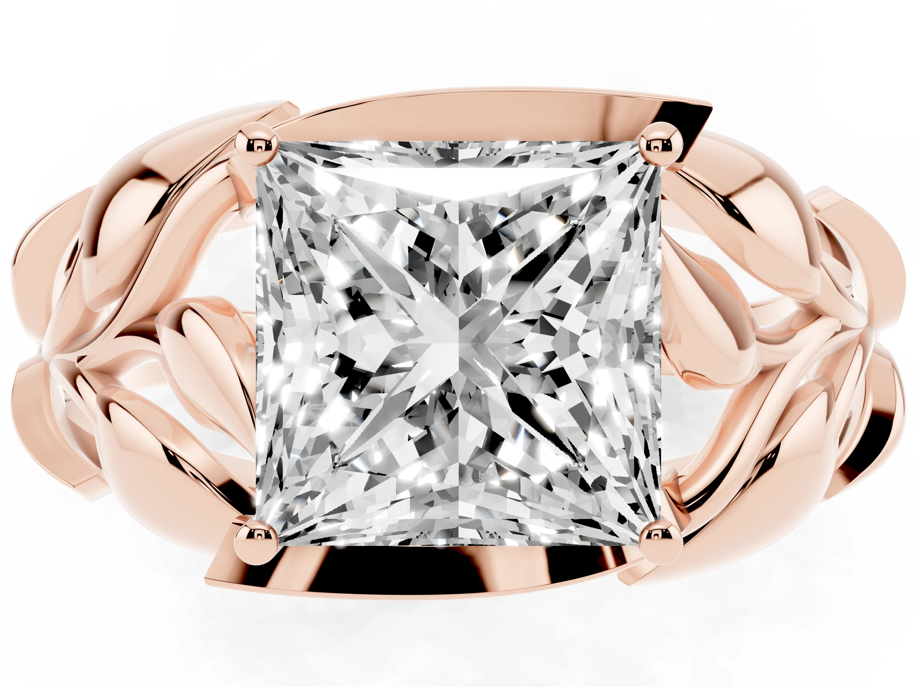 Princess Cut Diamond Leaf-Inspired Engagement Ring Set in Rose gold with Round Accents