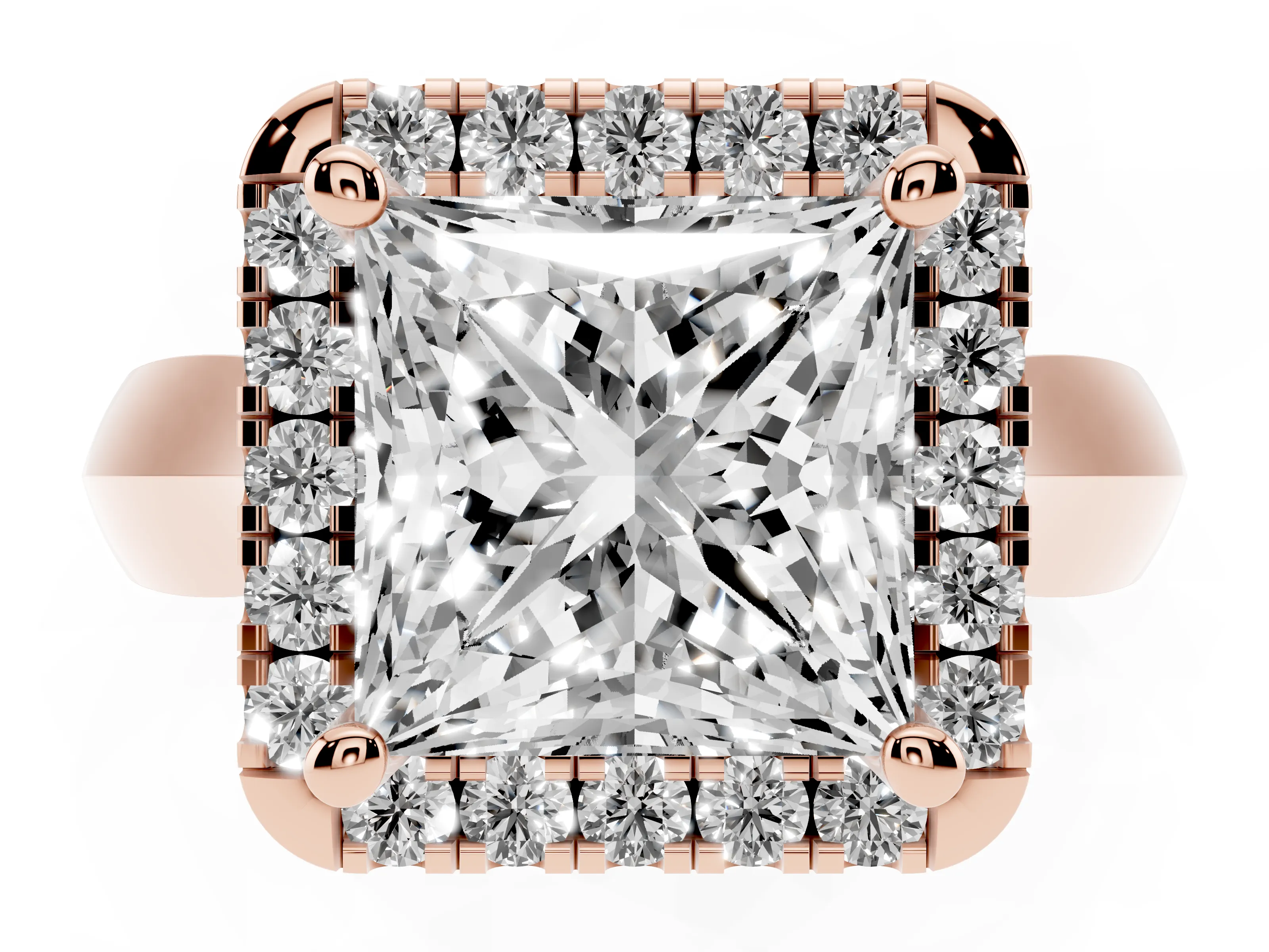 Princess Cut Diamond Halo Solitaire Engagement Ring Set in Rose gold with Square Band and Prong Setting