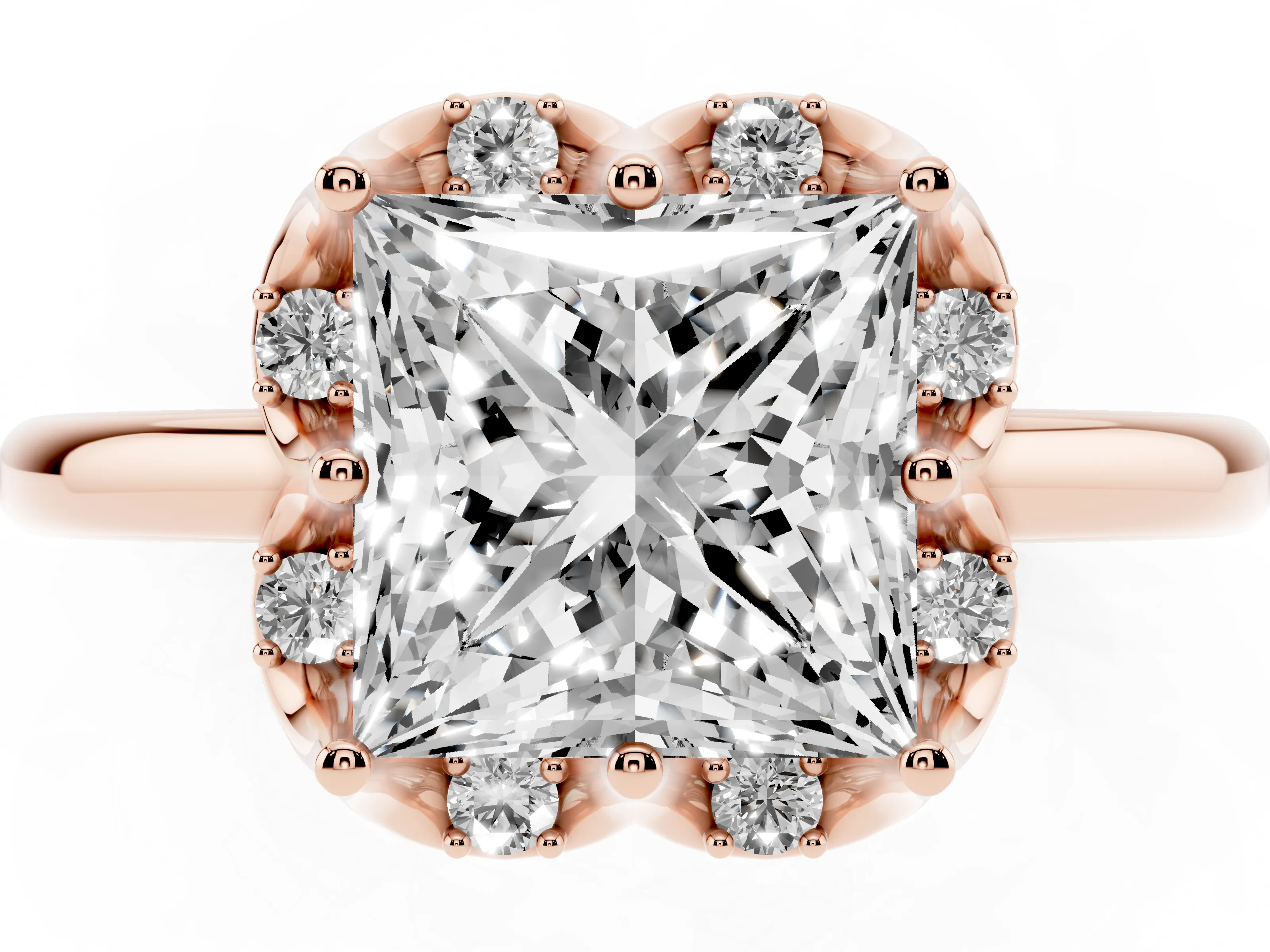 Princess Cut Diamond Round Cluster Halo Ring Set in Rose gold with Solitaire Band and Prong Setting