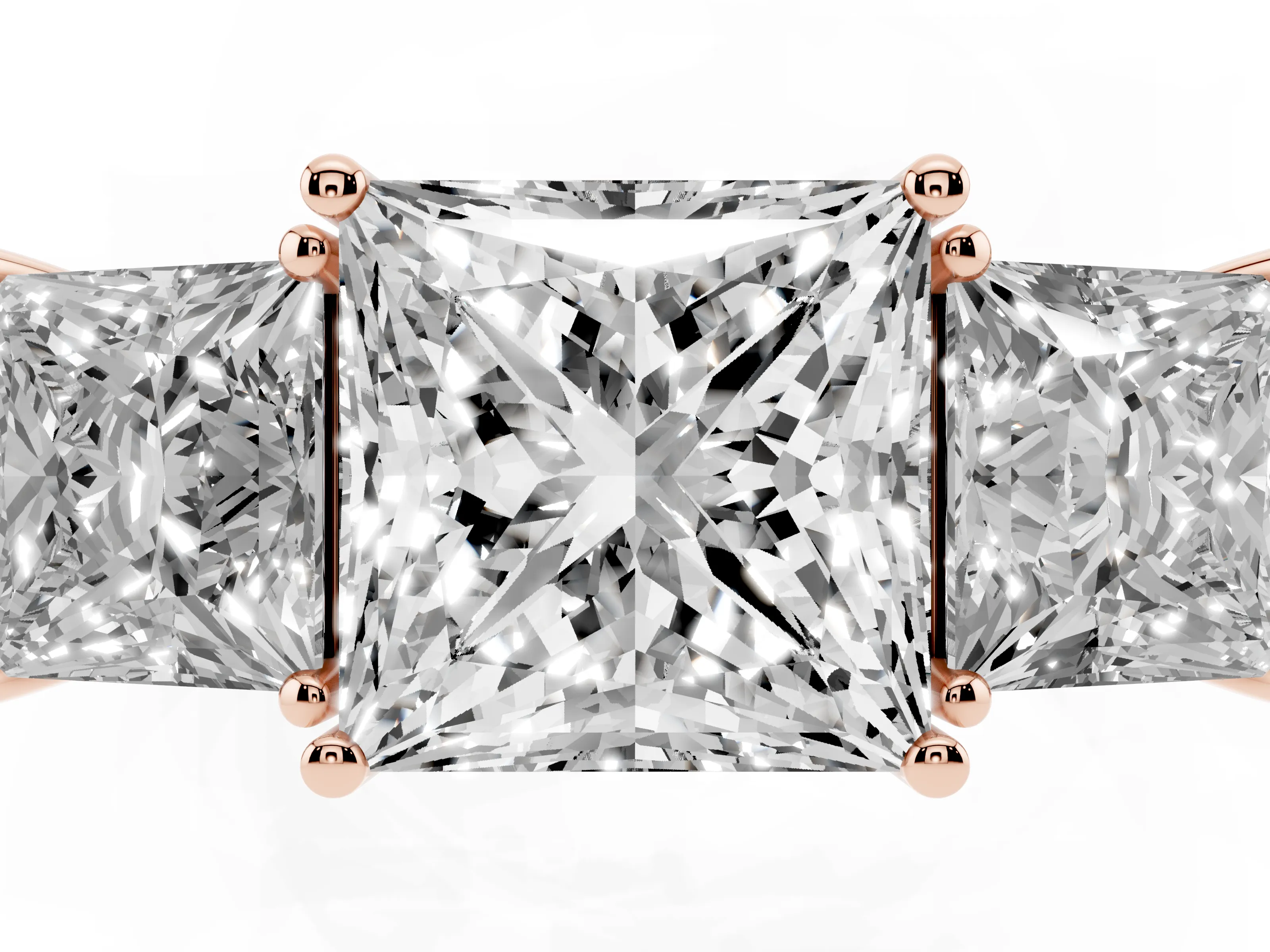 Princess Cut Diamond Three-Stone Engagement Ring Set in Rose gold with Flat Band