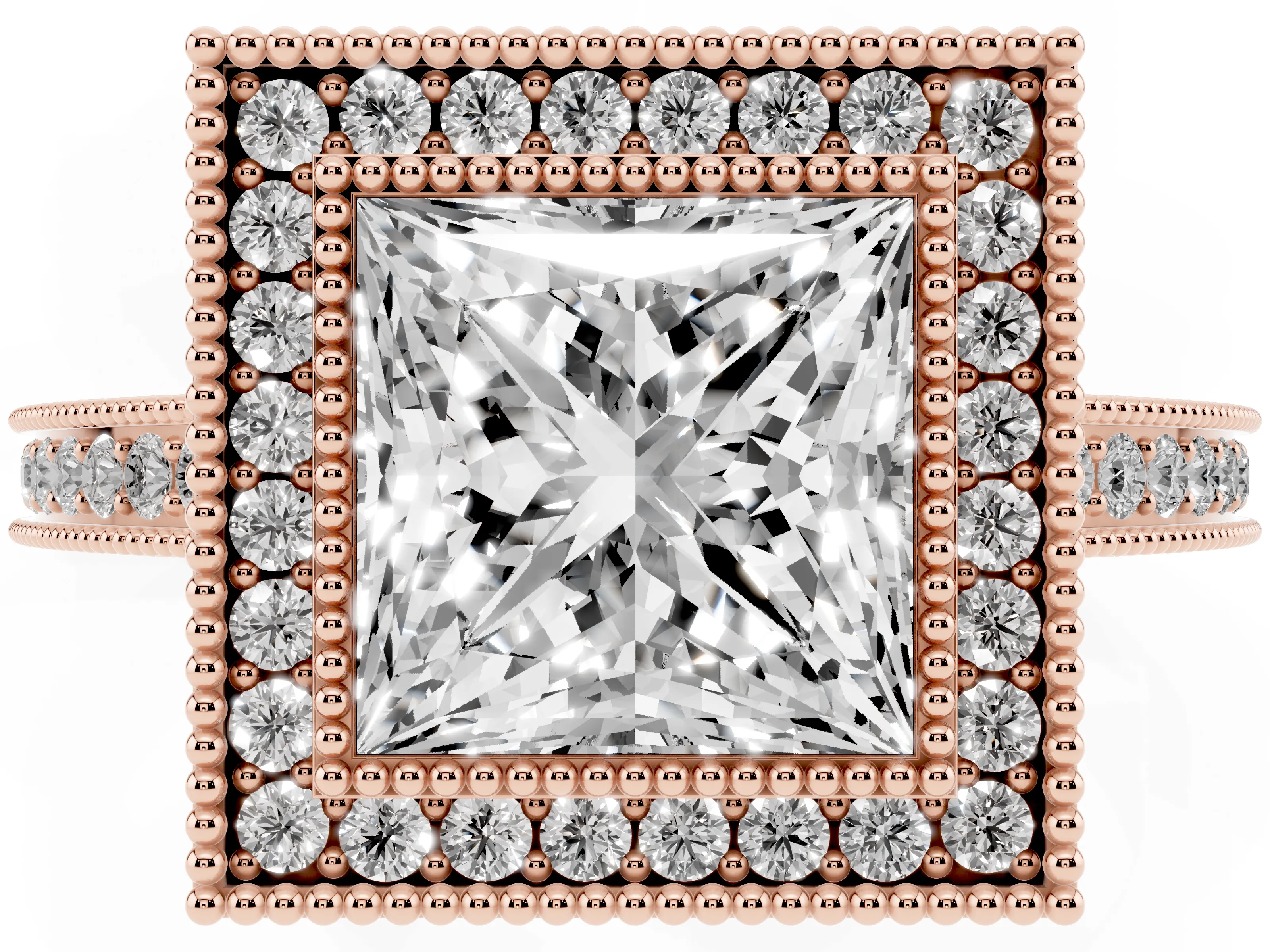 Princess Cut Diamond Halo Ring Set in Rose gold with Pavé Band and Milgrain-Edged Prongs