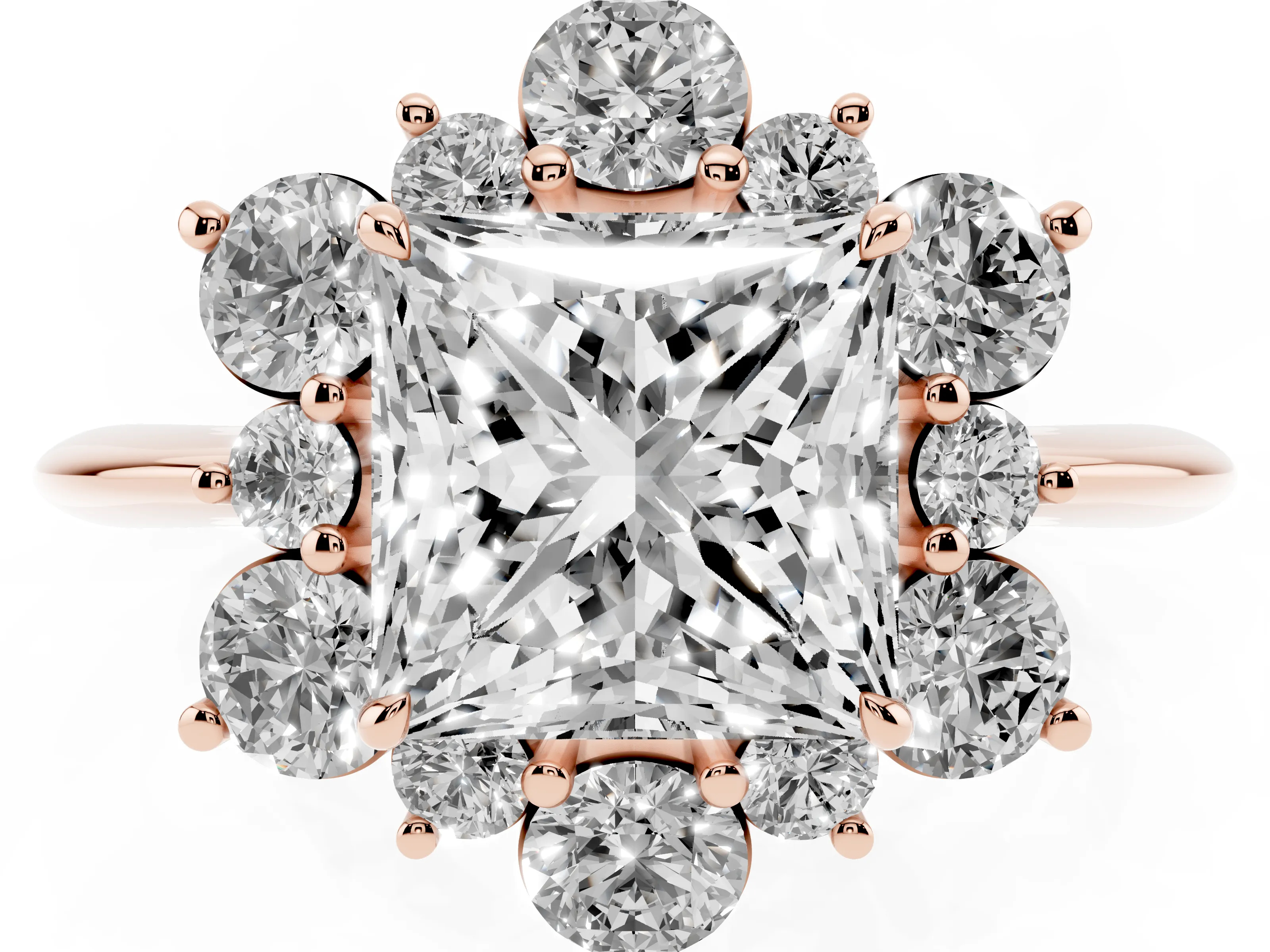 Princess Cut Diamond Cluster Halo Ring Set in Rose gold with Solitaire Band and Prong Setting