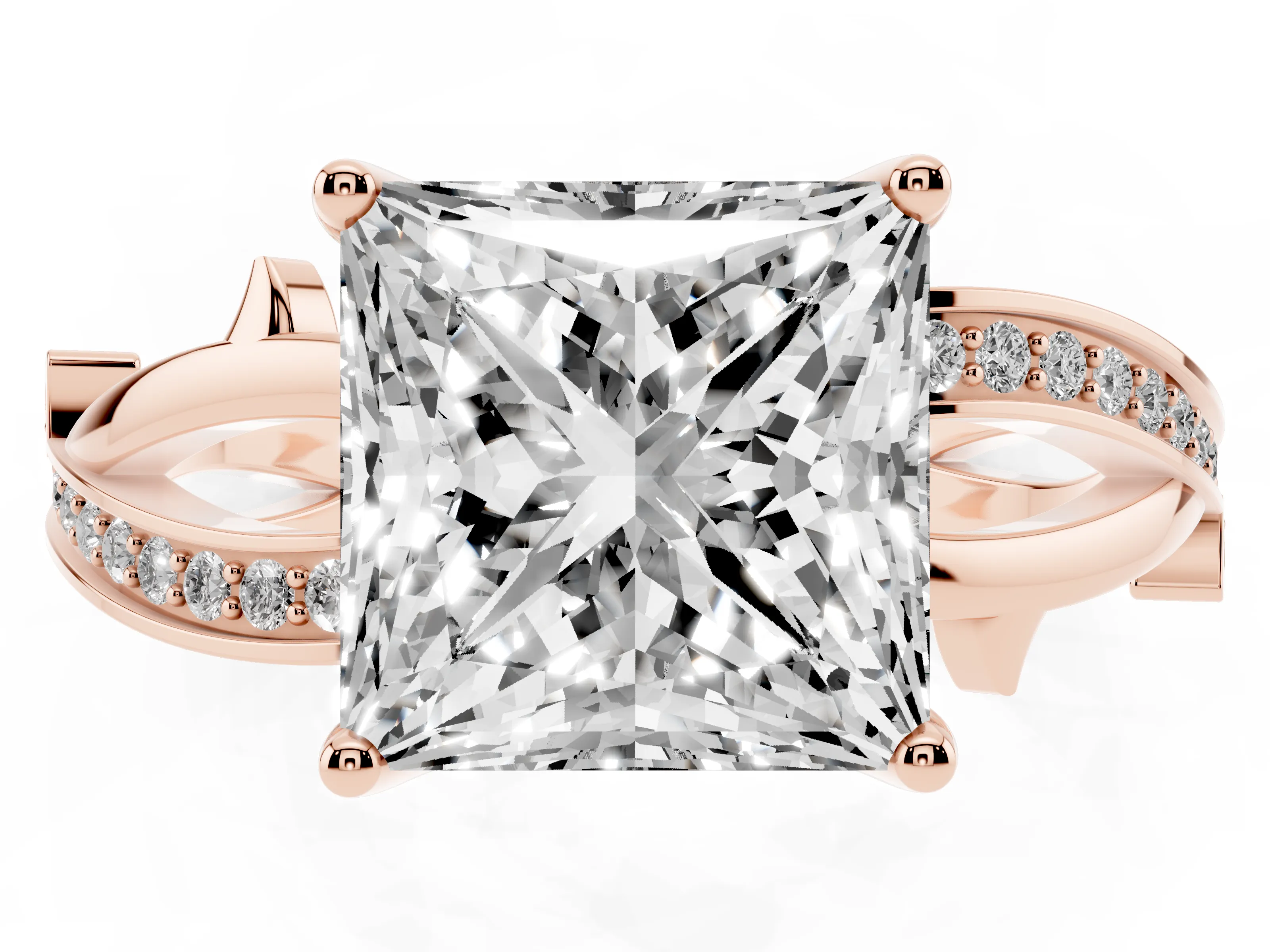 Princess Cut Diamond Pavé Twist Band Solitaire Ring Set in Rose gold with Prong Setting