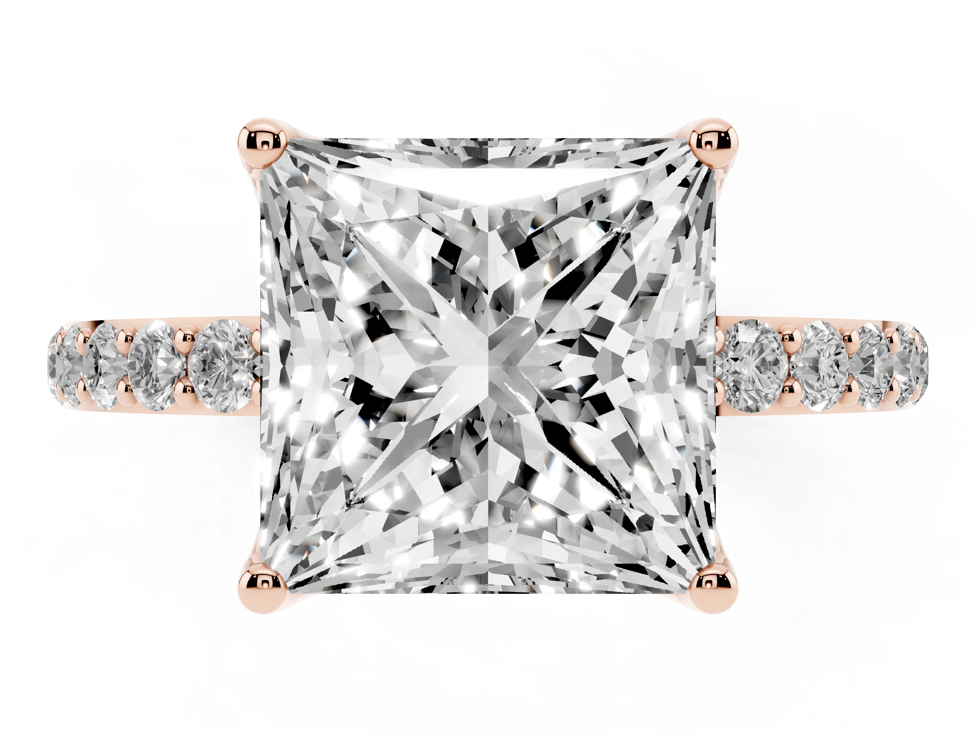 Princess Cut Diamond Solitaire Engagement Ring Set in Rose gold with Round Pavé Band and Prong Setting