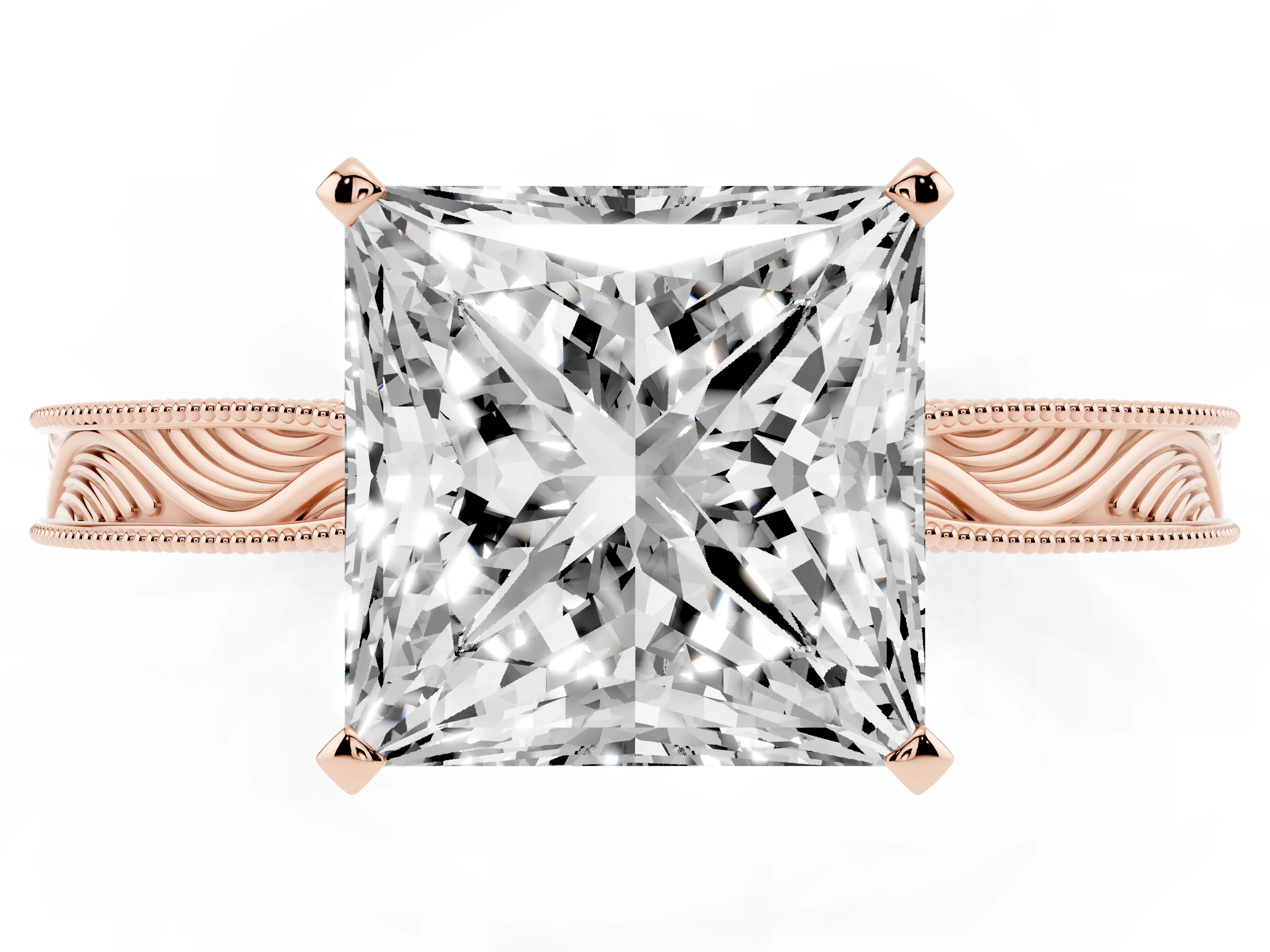 Princess Cut Diamond Solitaire Milgrain Engraved Band Set in Rose gold with Prong Setting