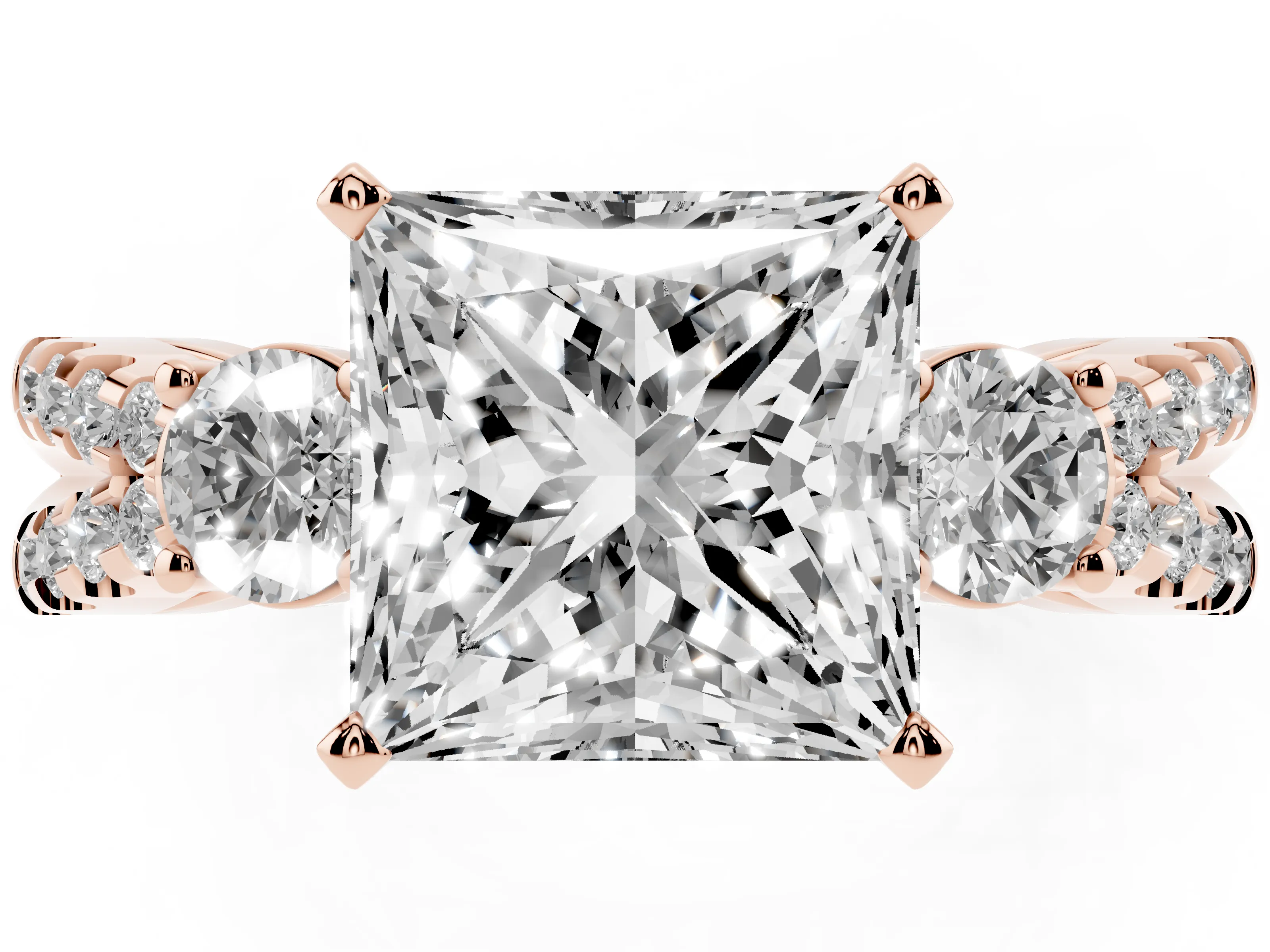 Princess Cut Diamond Three-Stone Ring Set in Rose gold with Pavé Split Shank and Prong Setting