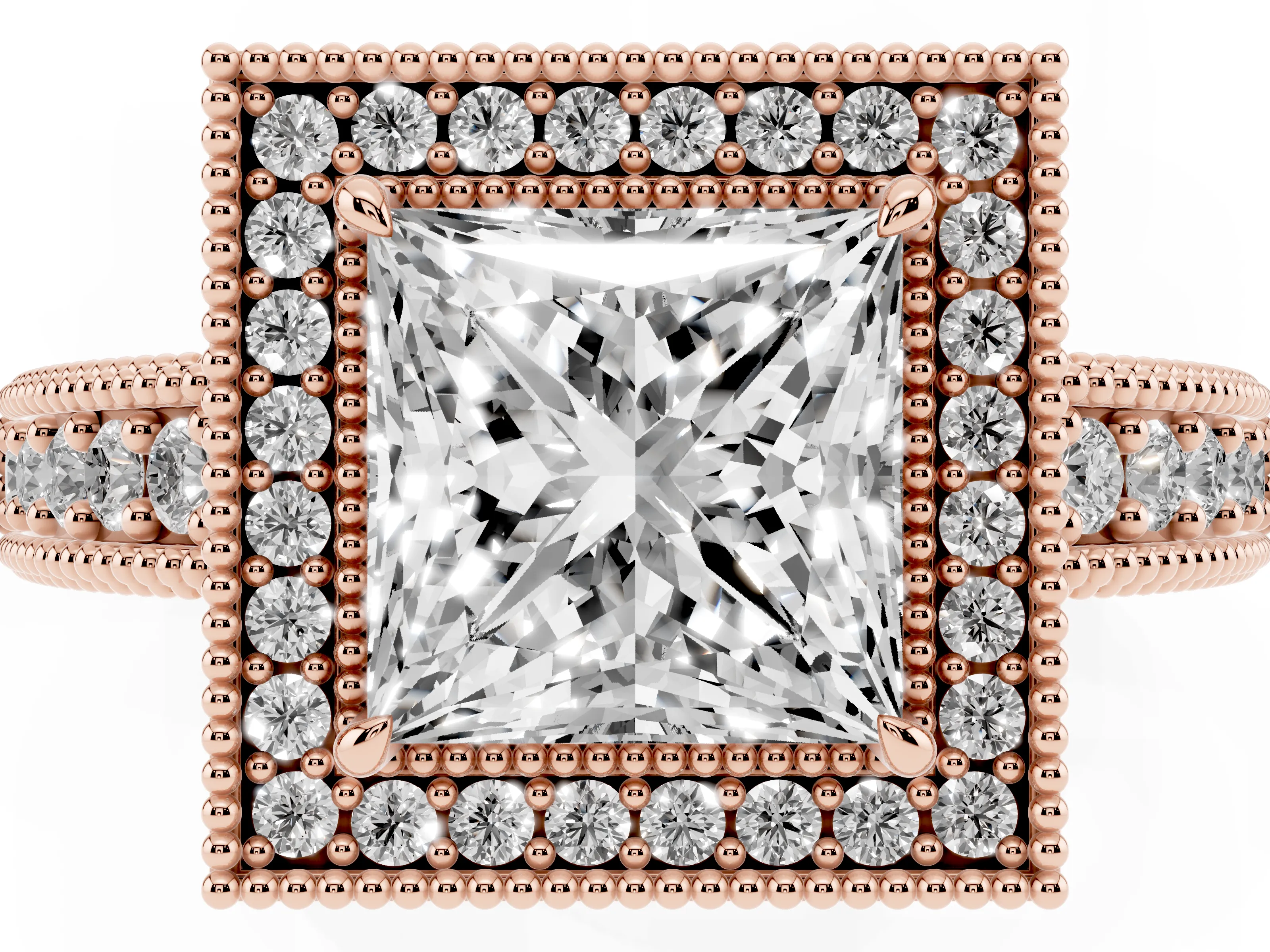 Princess Cut Diamond Halo Ring Set in Rose gold with Round Accent Halo, Pavé Band and Prong Setting