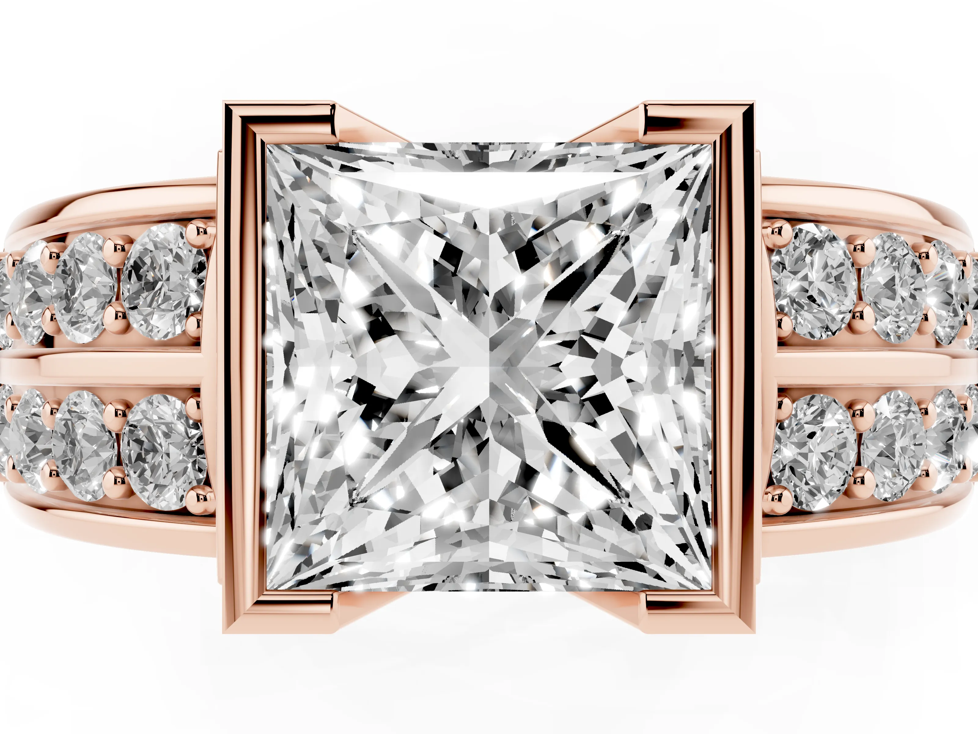 Princess Cut Diamond Wide Channel Set Band Ring Set in Rose gold with Bezel Setting