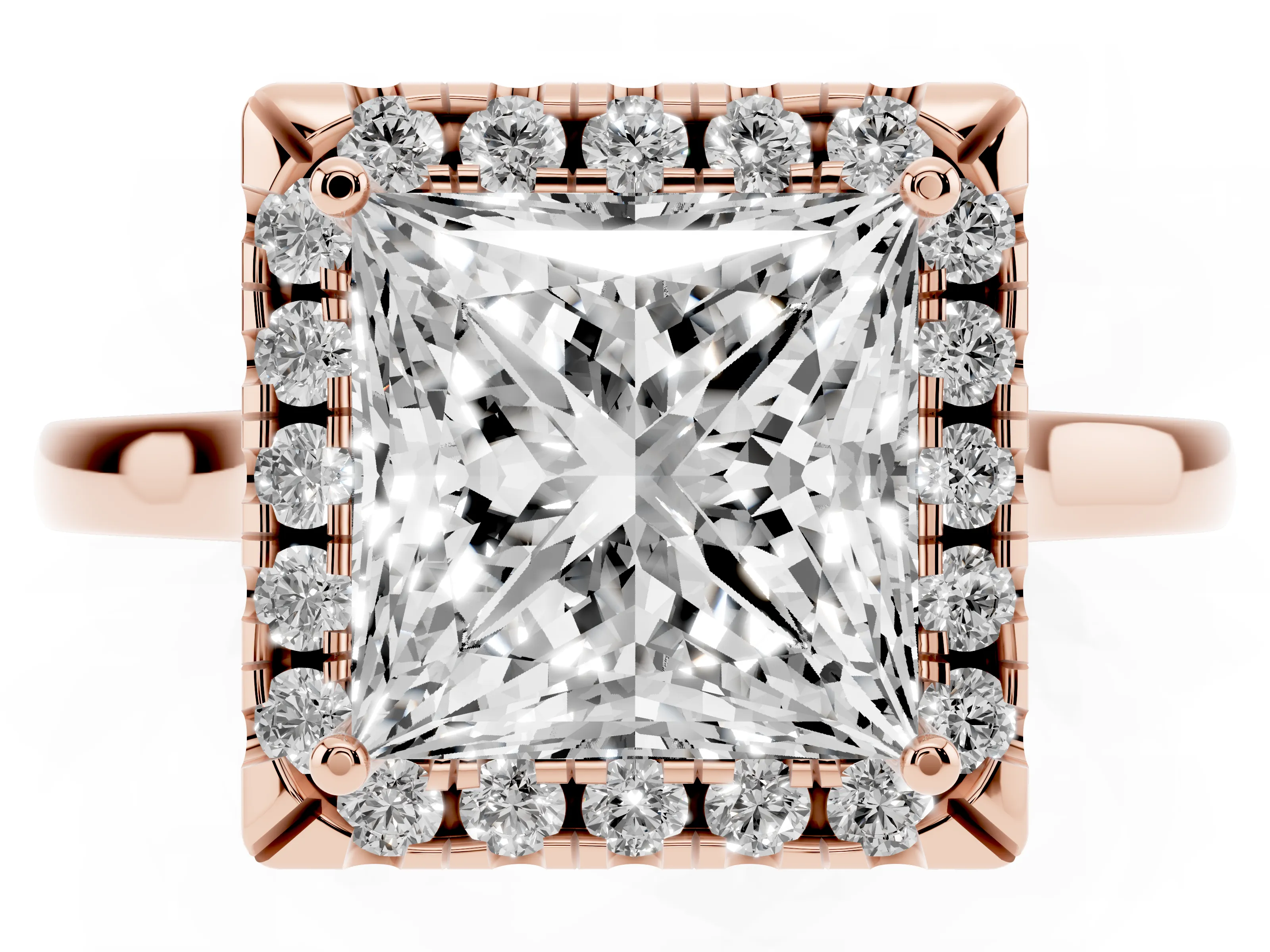 Princess Cut Halo Round Diamond Solitaire Ring Set in Rose gold with Pavé Band and Prong Setting