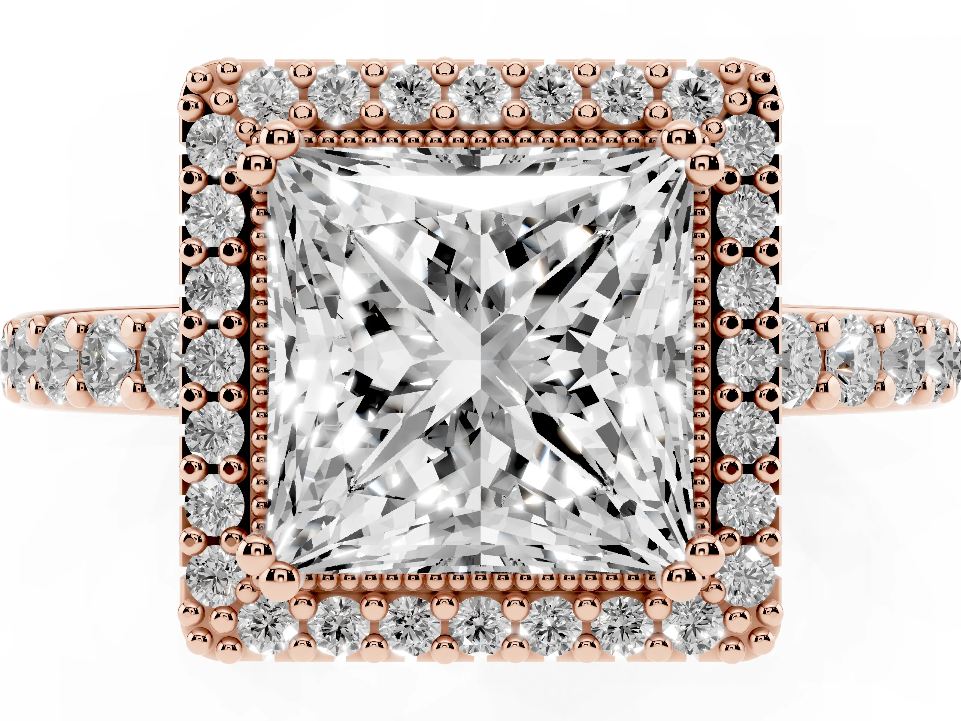 Princess Cut Diamond Halo Engagement Ring Set in Rose gold with Milgrain Detail and Pavé Band