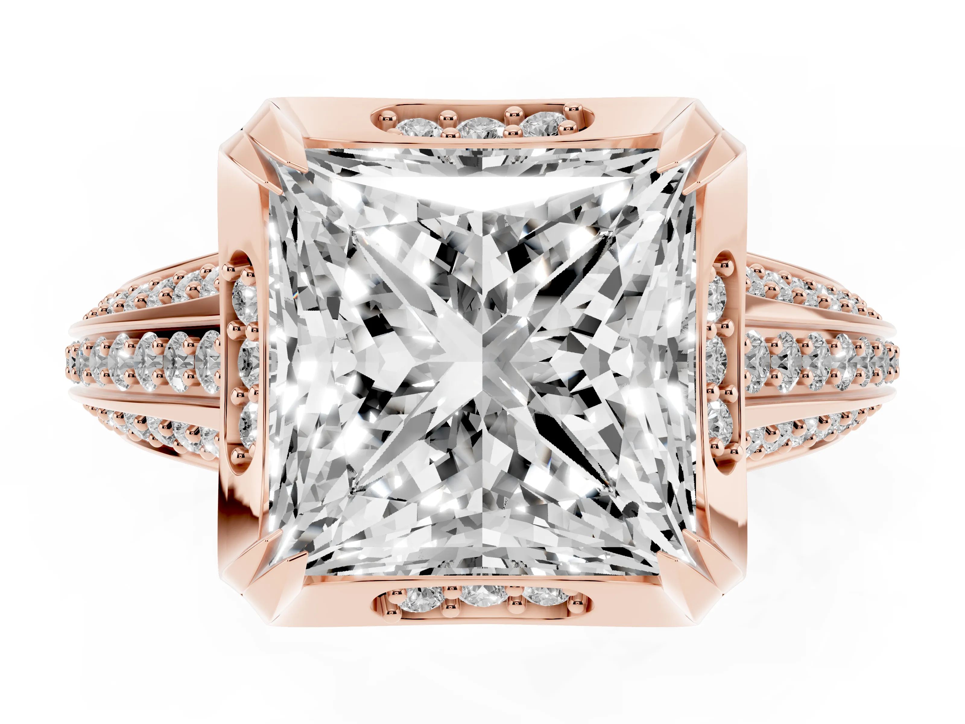 Princess Cut Diamond Pavé Split Shank Solitaire Ring Set in Rose gold with Prong Setting