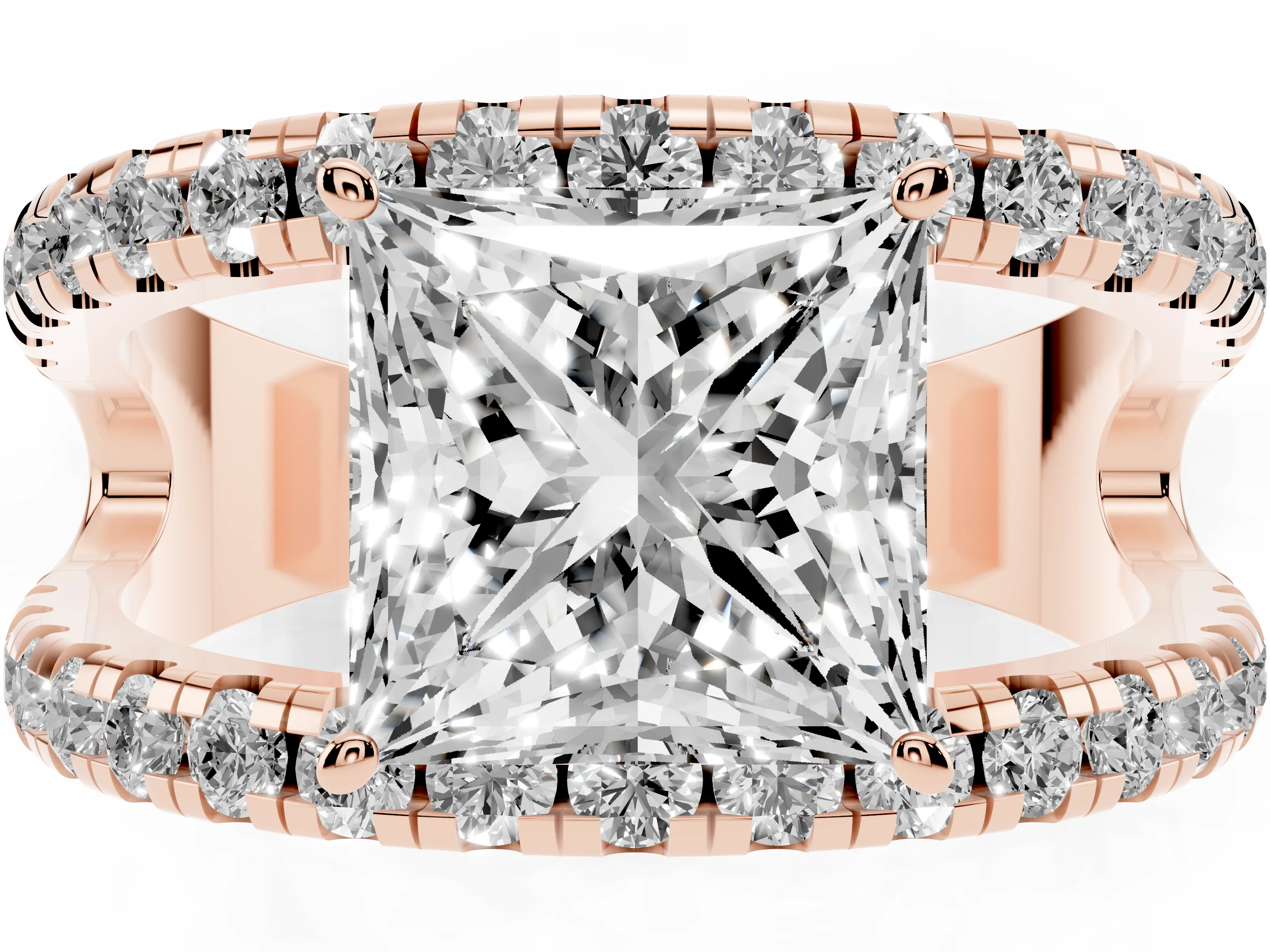 Princess Cut Diamond Split Shank Pavé Solitaire Ring Set in Rose gold with Open Shank Design