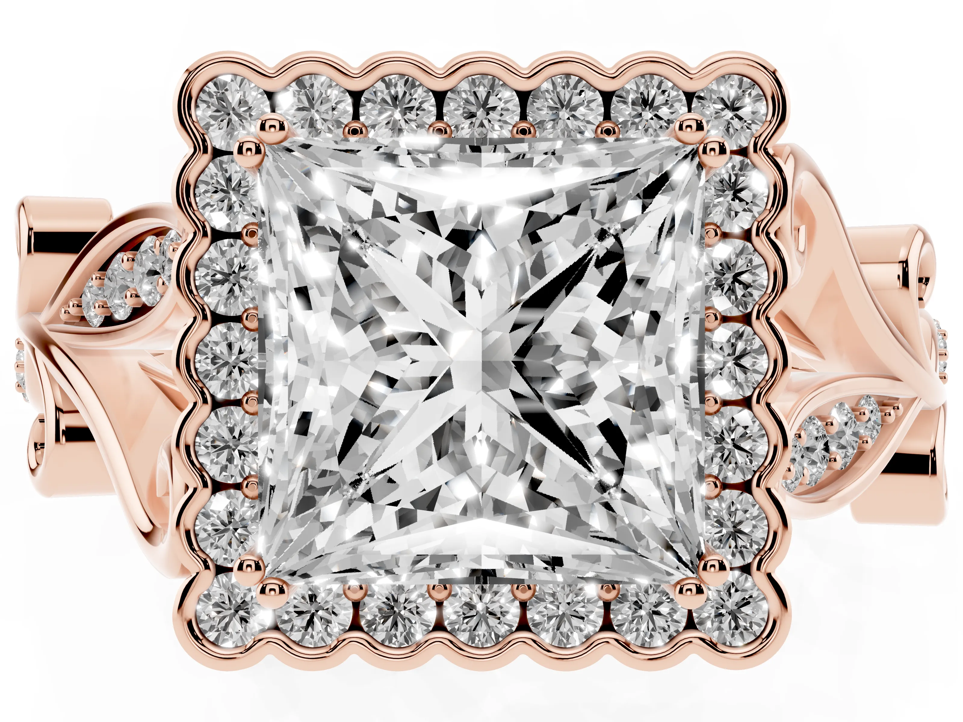 Princess Cut Diamond Halo Ring Set in Rose gold with Leaf Motif Split Shank and Prong Setting