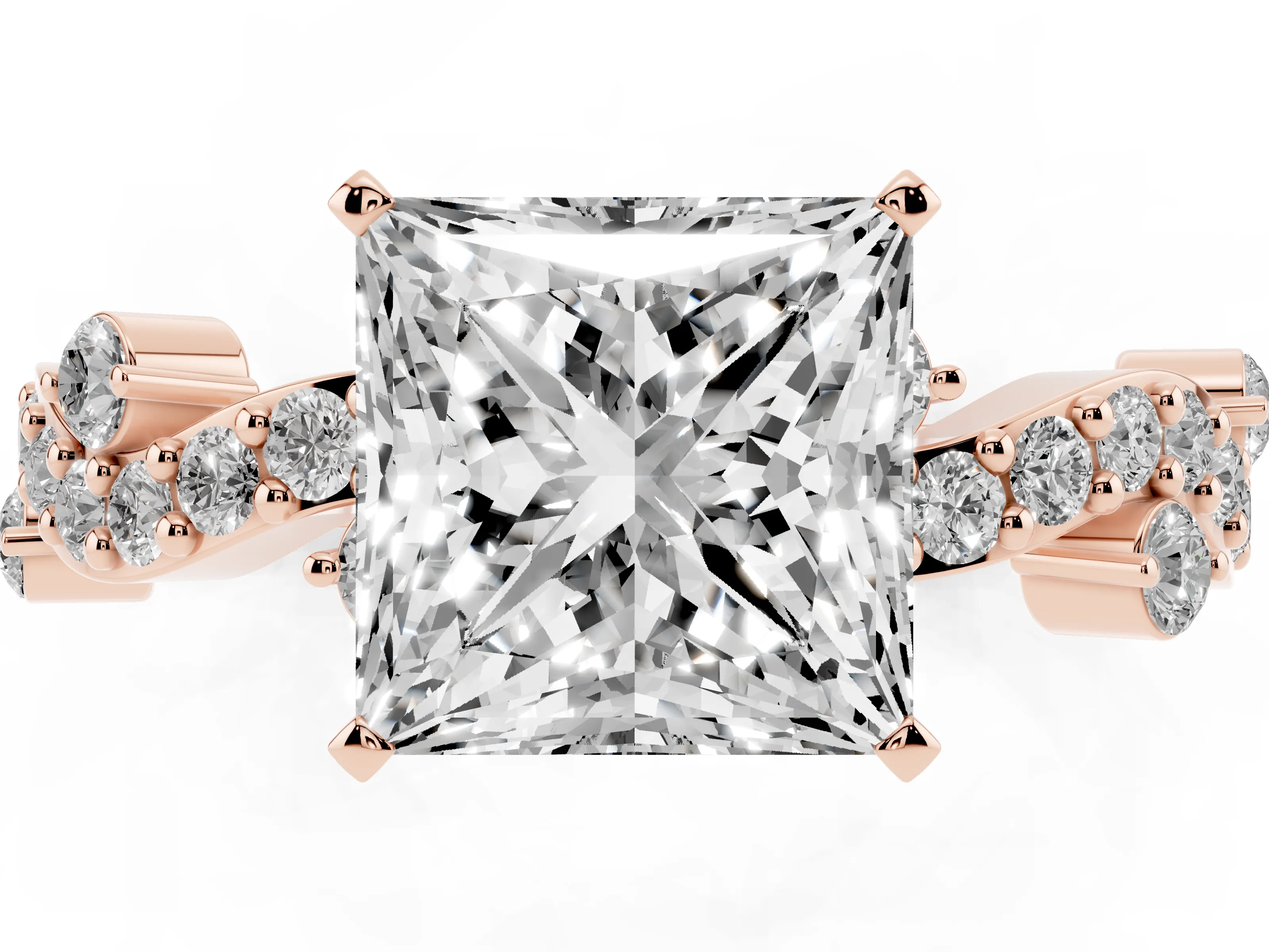 Princess Cut Diamond Solitaire Twisted Band Set in Rose gold with Pavé Setting