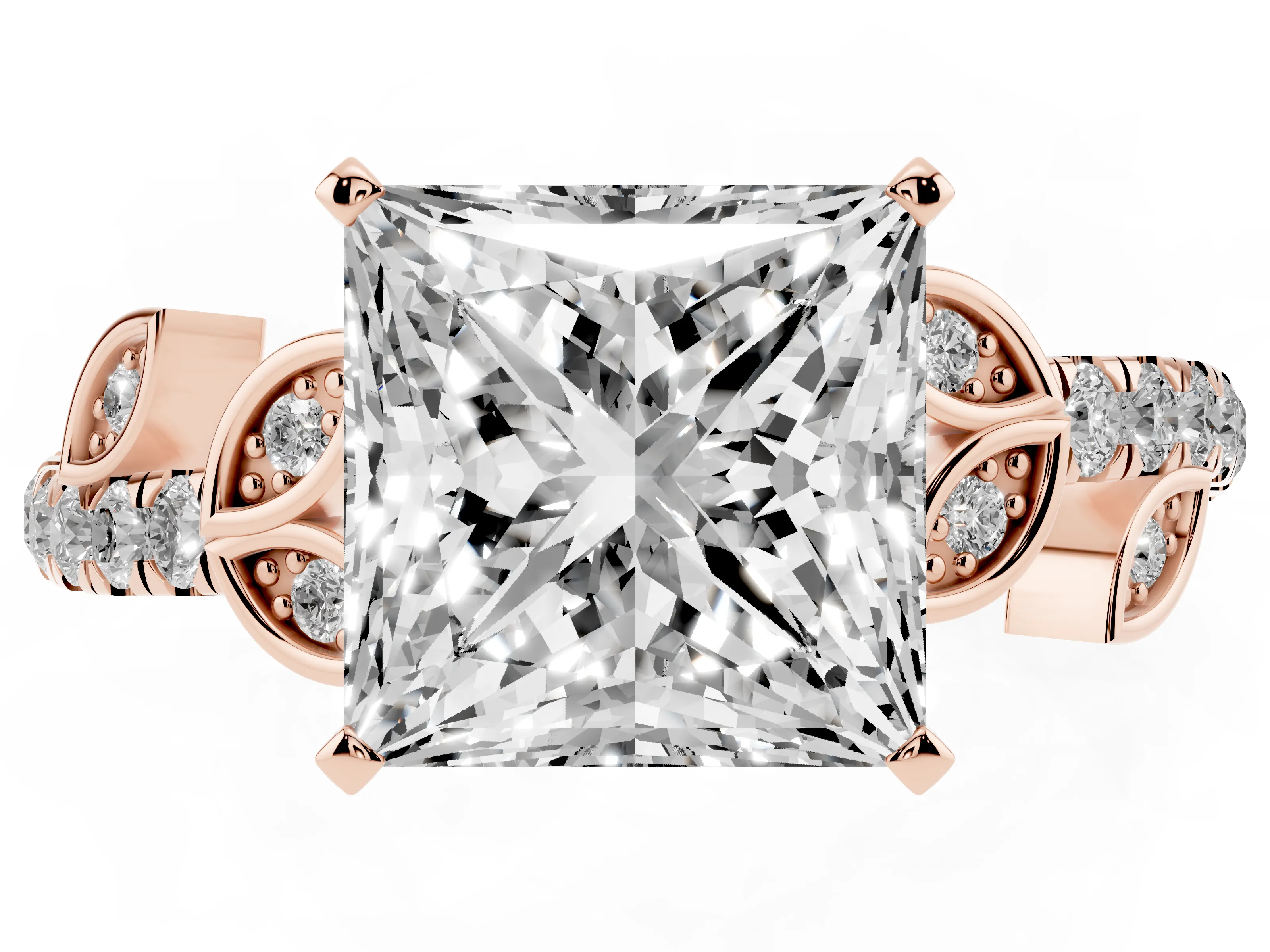 Princess Cut Diamond Solitaire Leaf-Inspired Ring Set in Rose gold with Pavé Band and Prong Setting