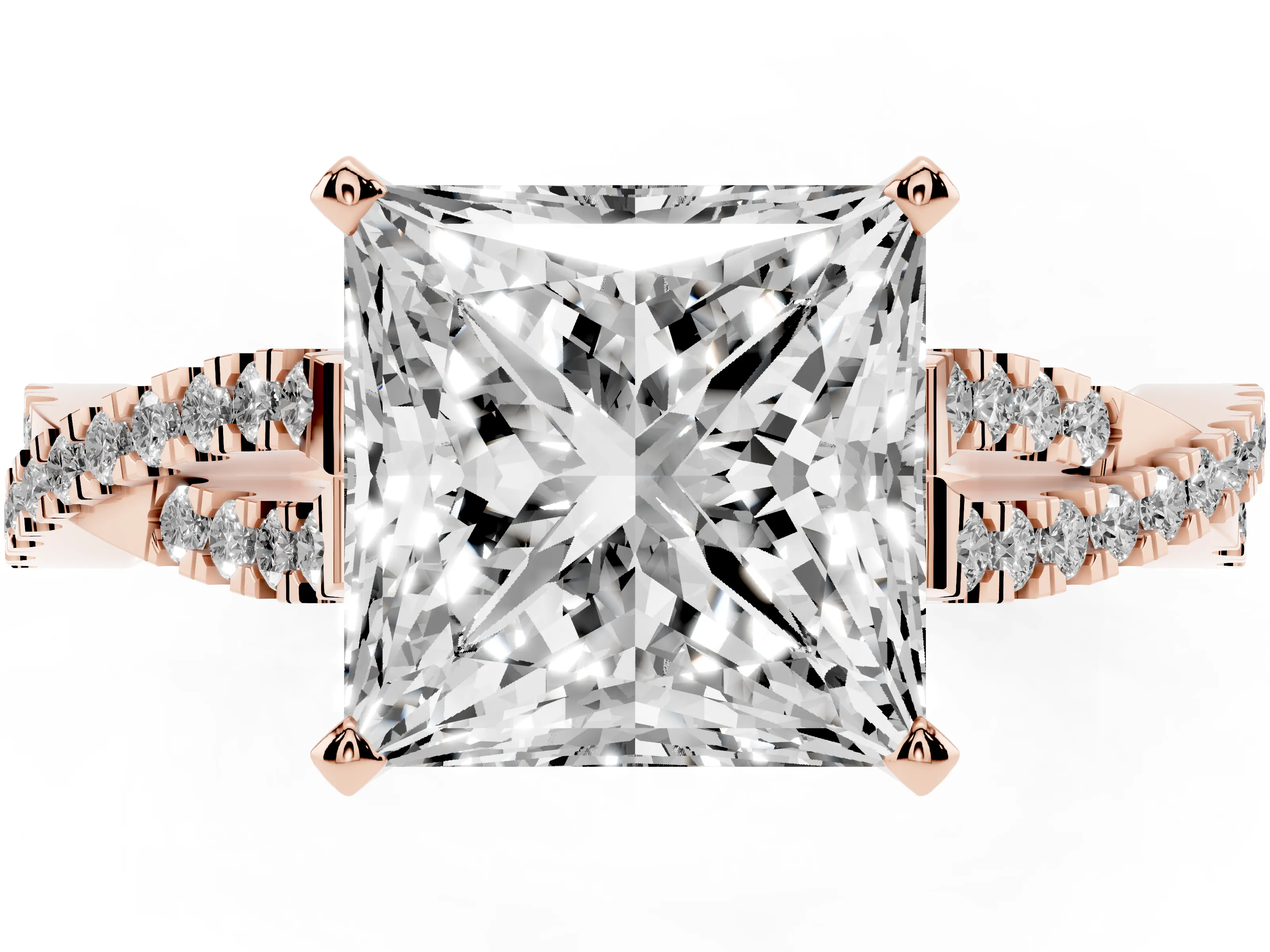 Princess Cut Diamond Solitaire Engagement Ring Set in Rose gold with Twisted Pavé Band and Prong Setting