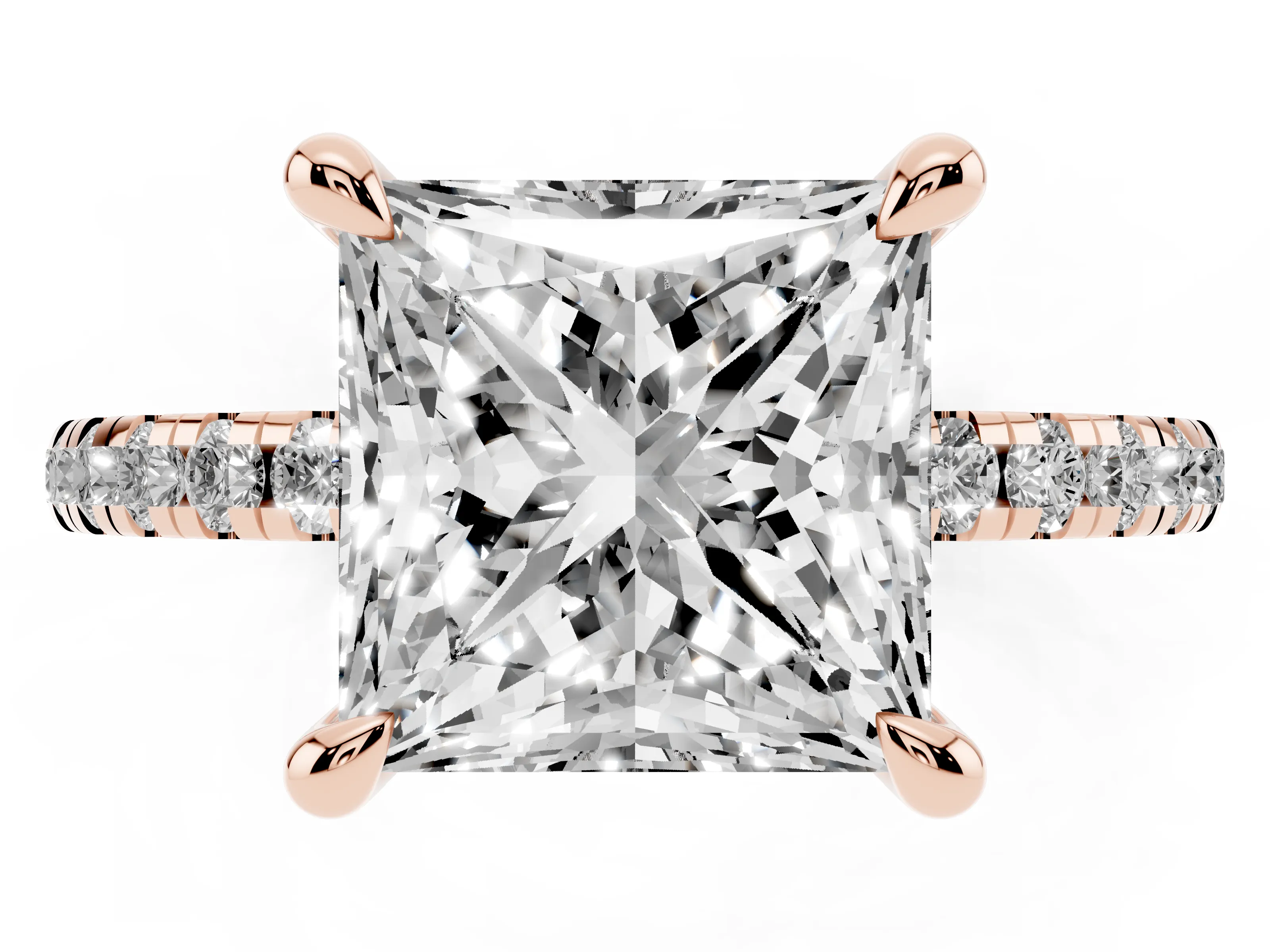 Princess Cut Diamond Brilliant Solitaire Ring Set in Rose gold with Pavé Band and Prong Setting