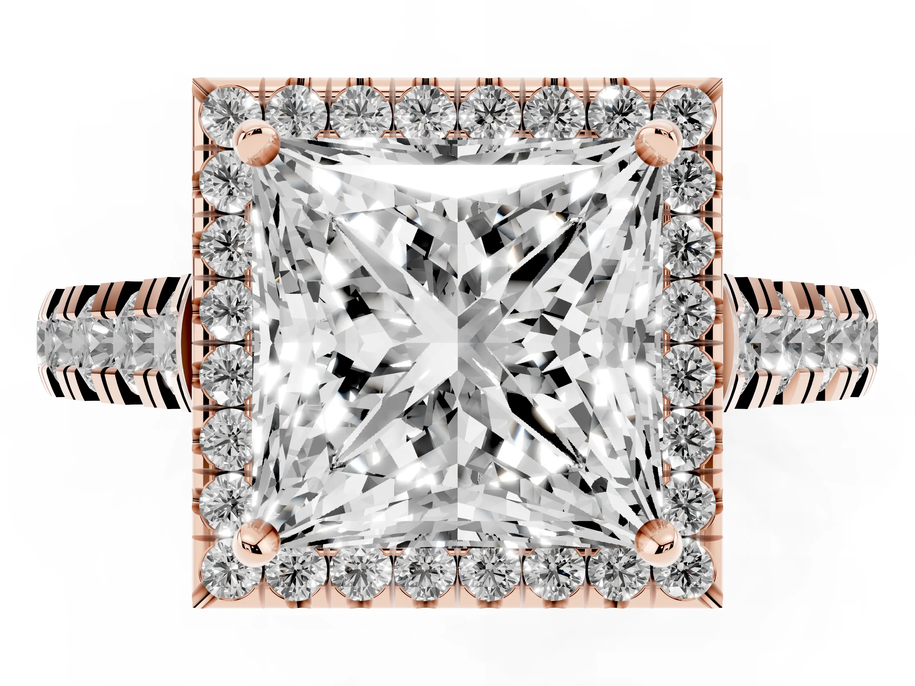 Princess Cut Diamond Halo Engagement Ring Set in Rose gold with Pavé Band and Prong-Set Center