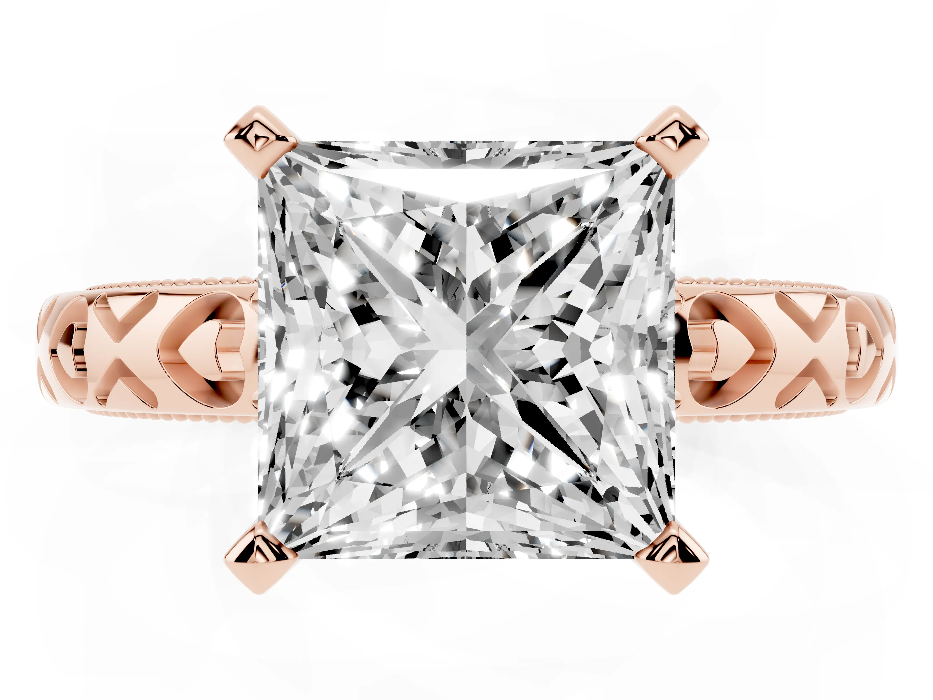 Princess Cut Diamond Solitaire Engagement Ring Set in Rose gold with XO Engraved Band and Prong Setting