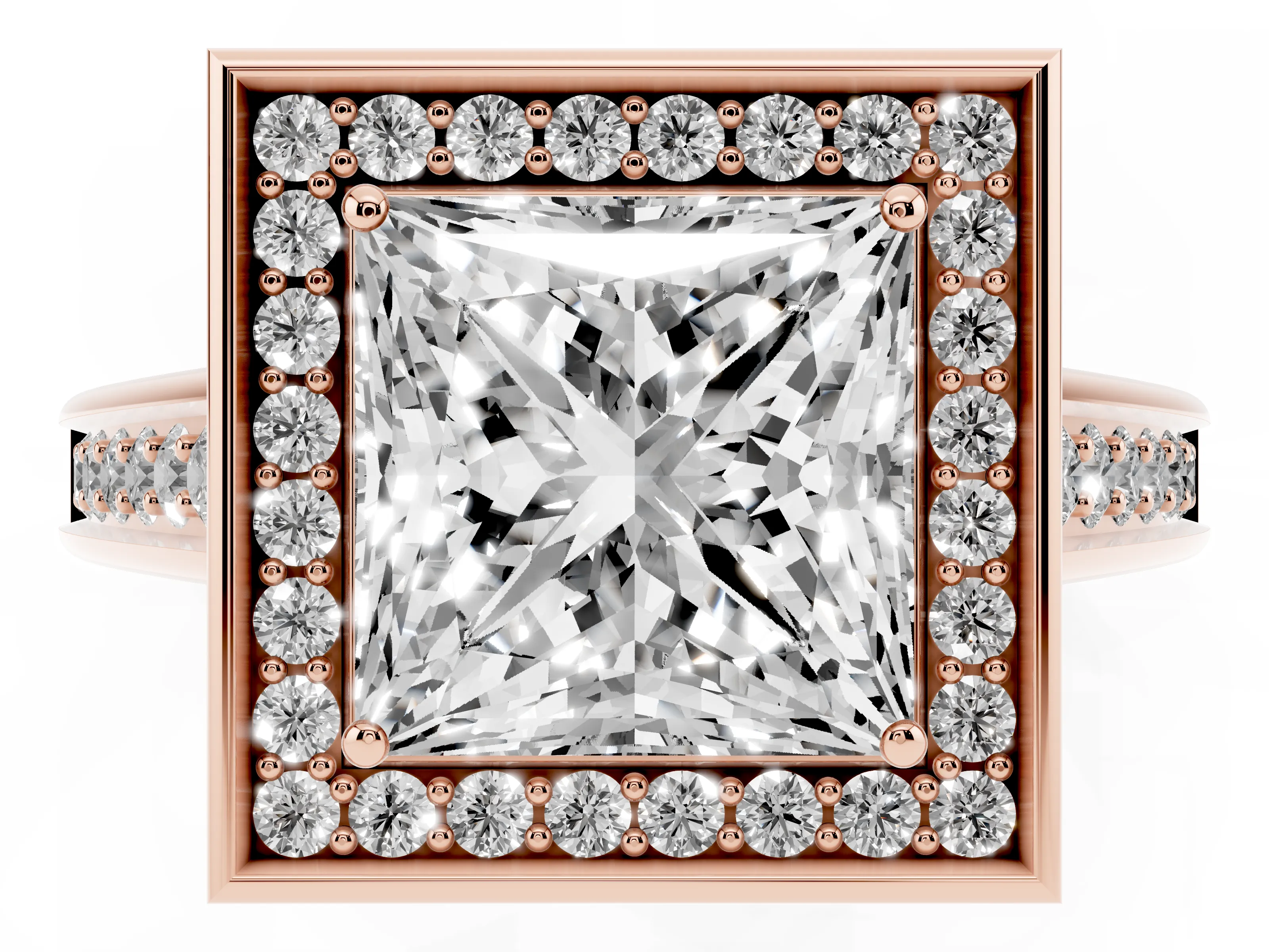 Princess Cut Diamond Halo Solitaire Ring Set in Rose gold with Pavé Band and Bezel Setting