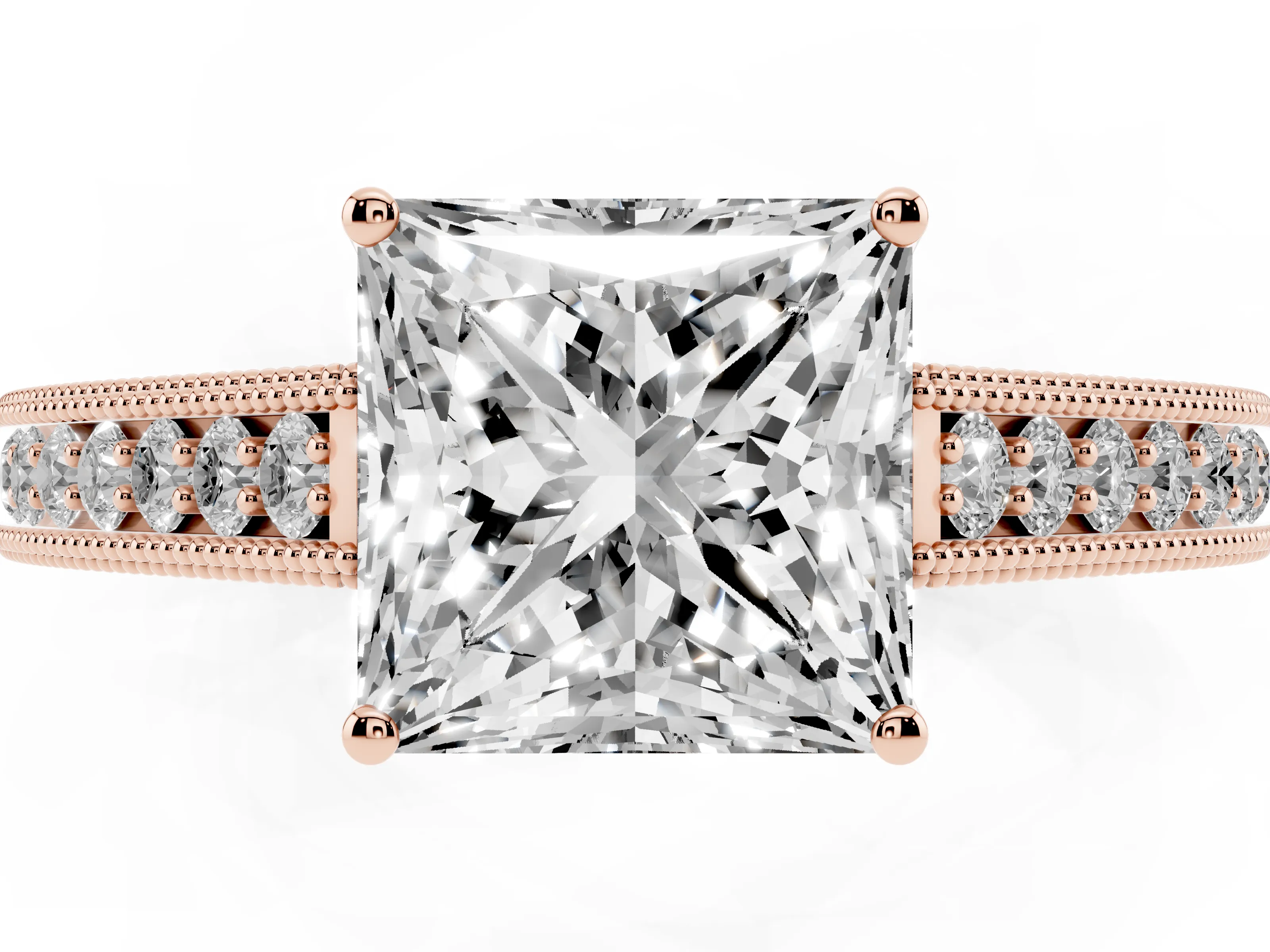 Princess Cut Diamond Milgrain Pavé Band Solitaire Ring Set in Rose gold with Prong Setting