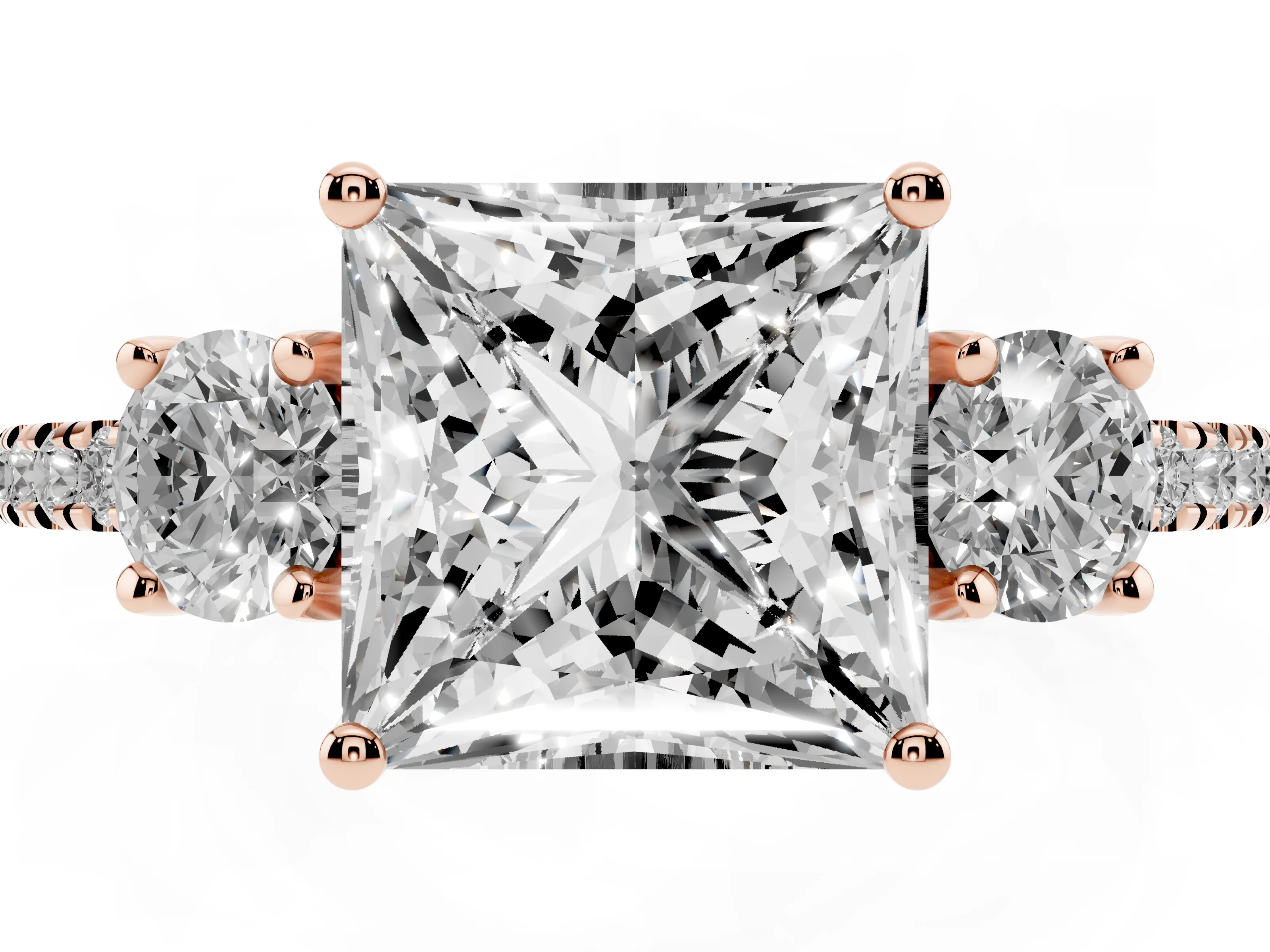 Princess Cut Diamond Three-Stone Ring Set in Rose gold with Pavé Band and Graduated Sides