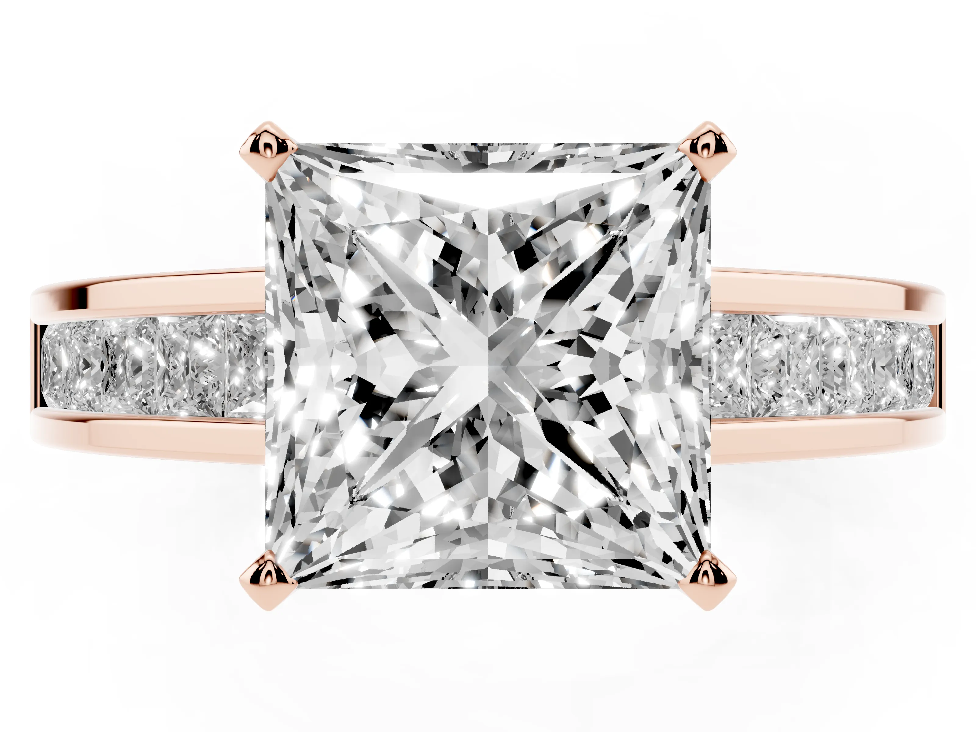 Princess Cut Diamond Solitaire Ring Set in Rose gold with Channel-Set Band and Prong Setting