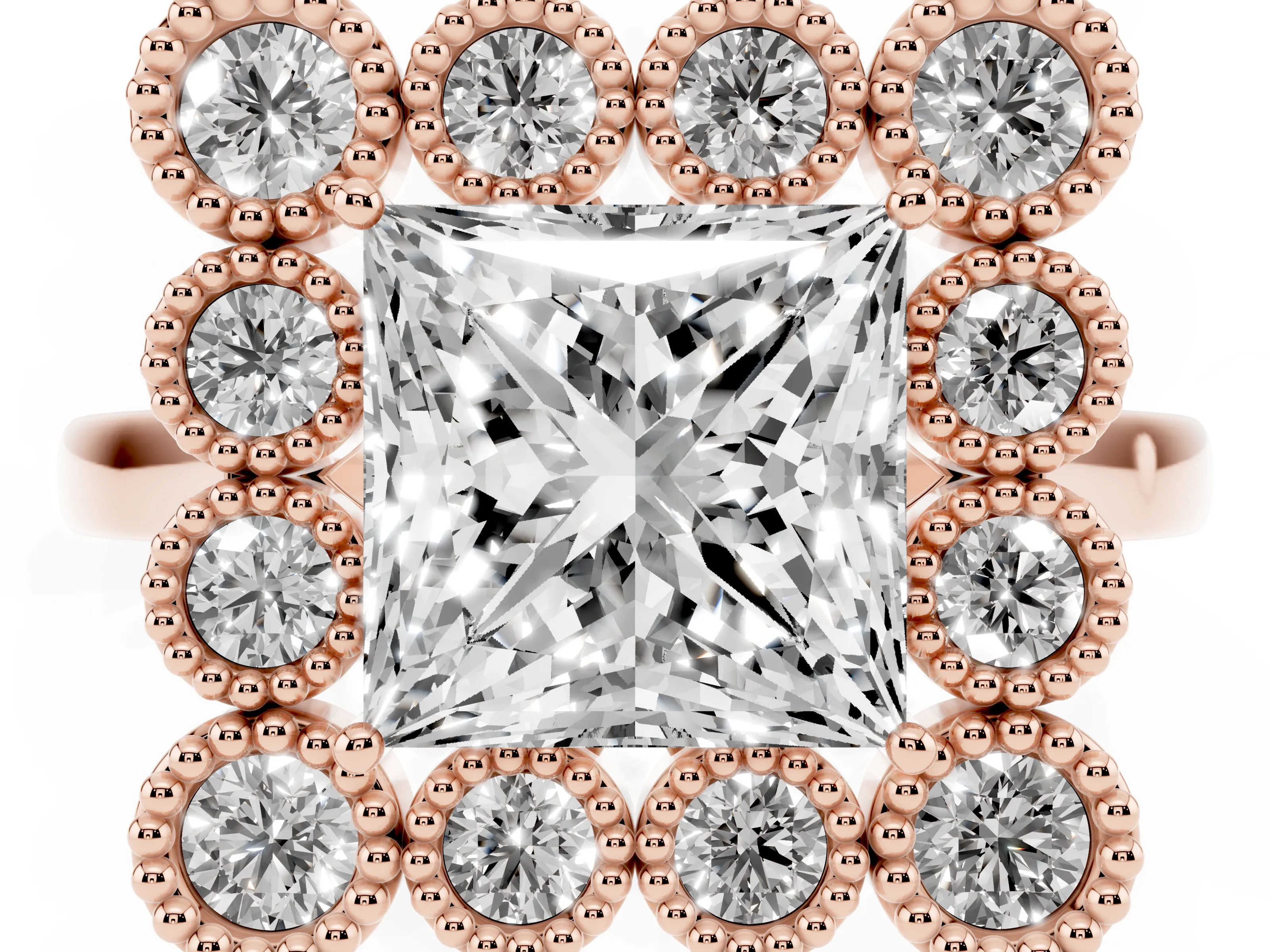 Princess Cut Diamond Cluster Halo Ring Set in Rose gold with Milgrain Bezel Accents and Plain Band