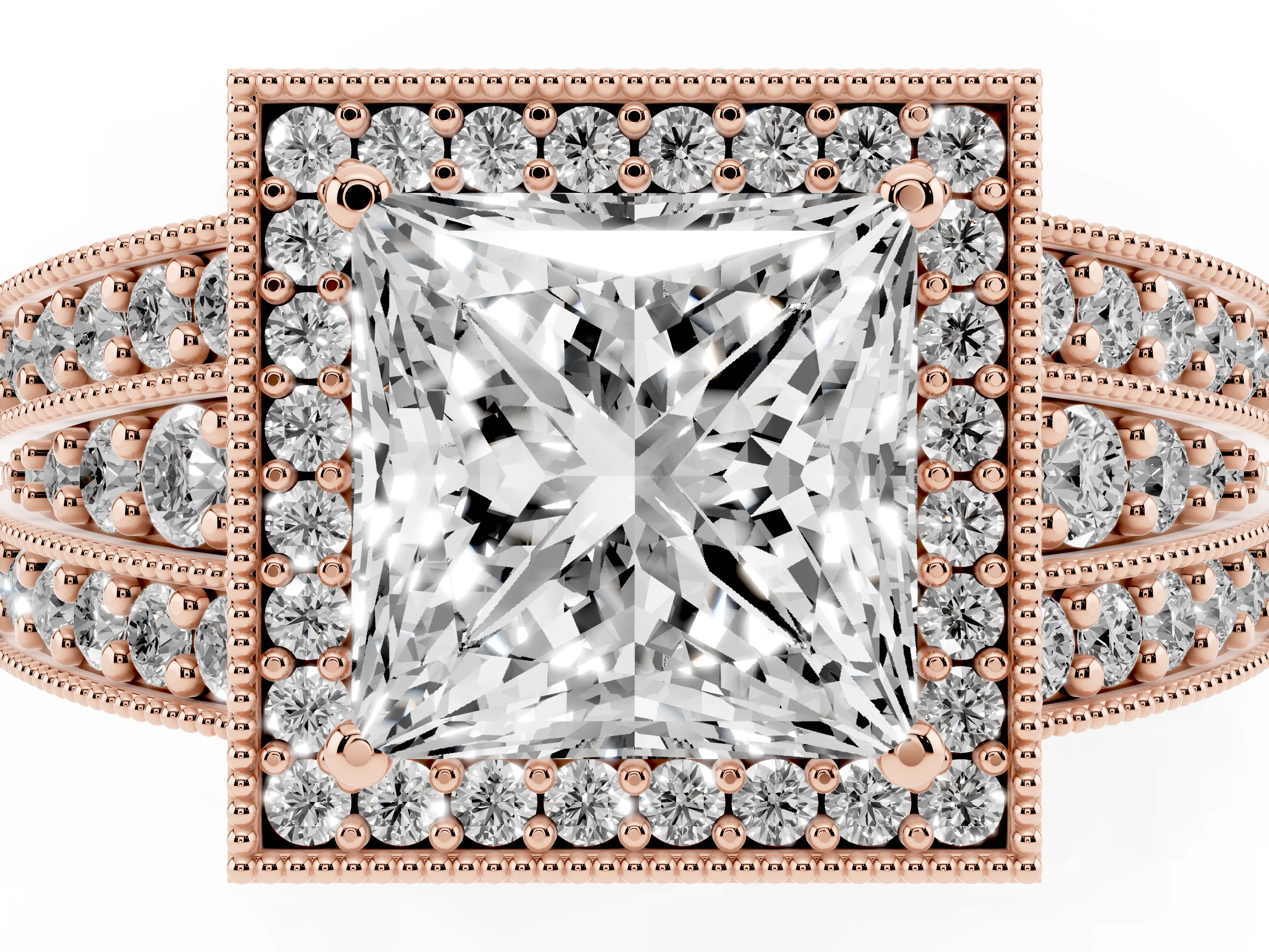 Princess Cut Diamond Halo Ring Set in Rose gold with Accent Split Shank and Prong Setting