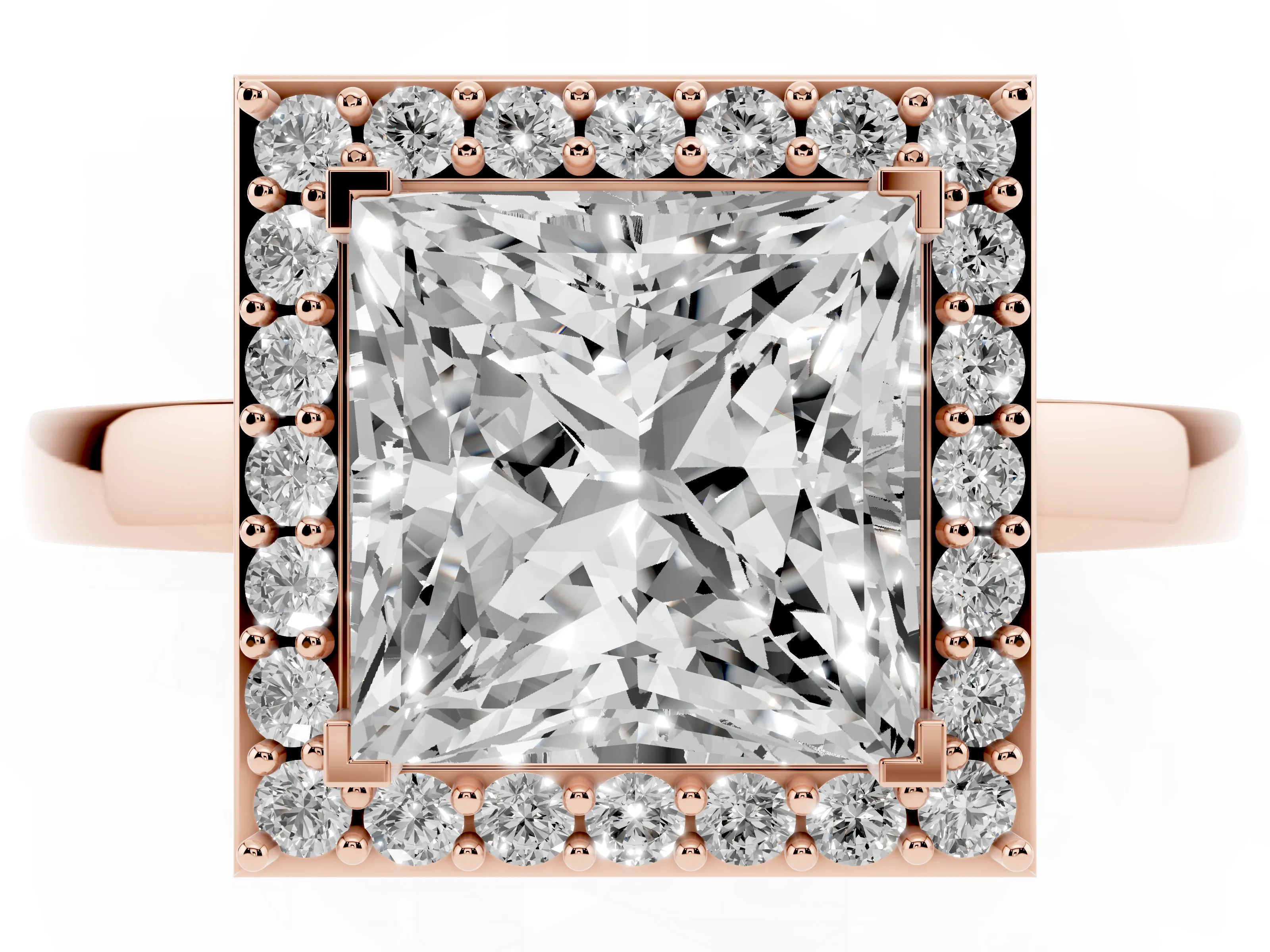 Princess Cut Diamond Halo Ring Set in Rose gold with Solitaire Band and Prong Setting