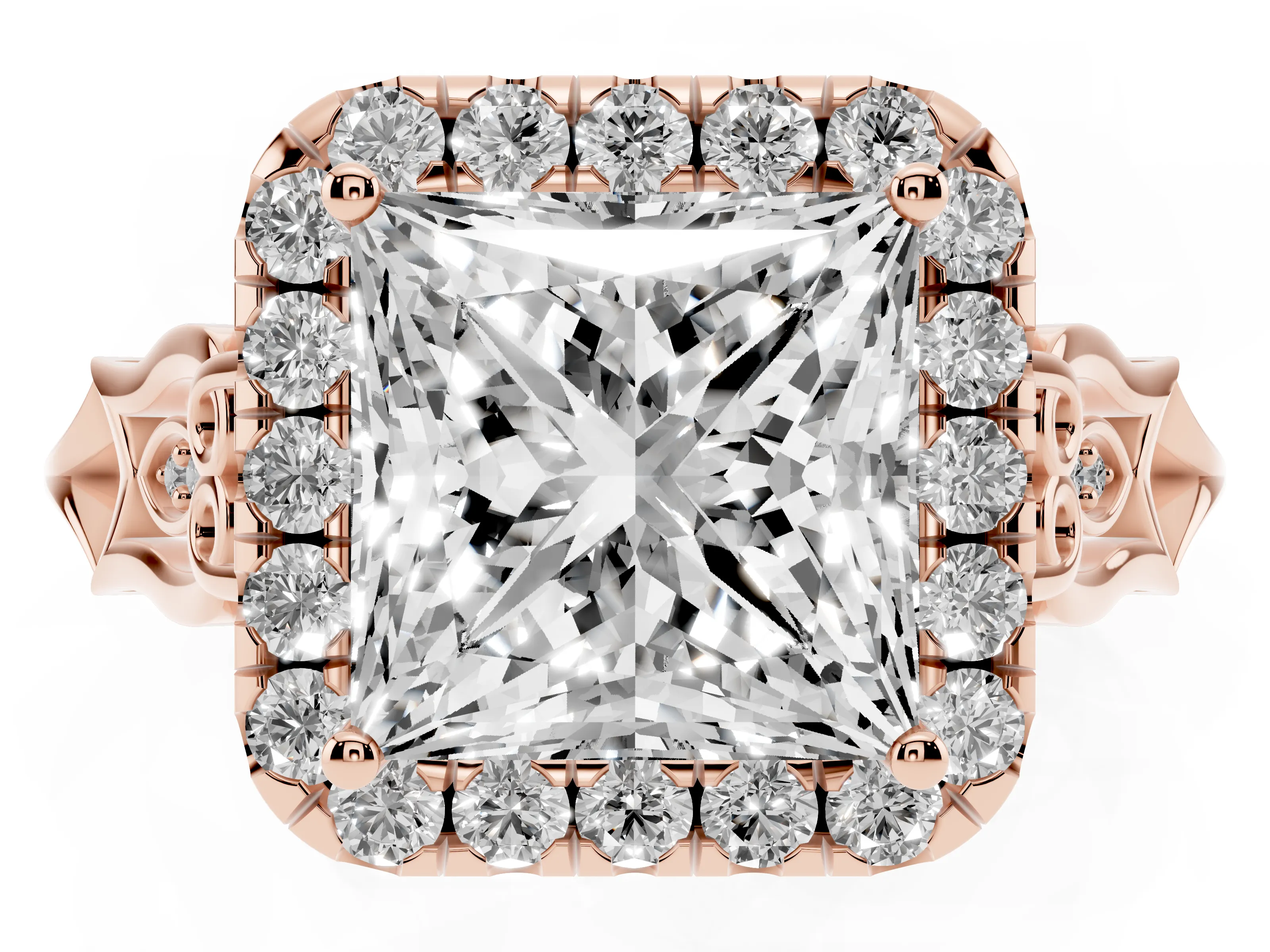 Princess Cut Diamond Halo Engagement Ring Set in Rose gold with Filigree Band and Prong-Set Center