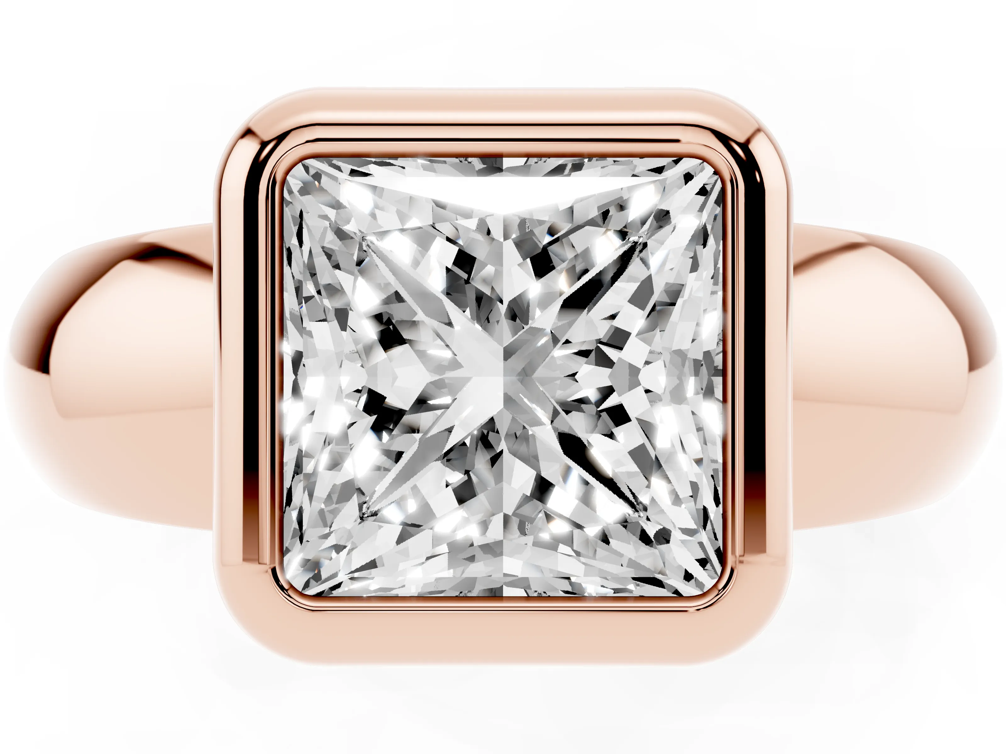 Bezel Set Princess Cut Diamond Solitaire Ring Set in Rose gold with Wide Band