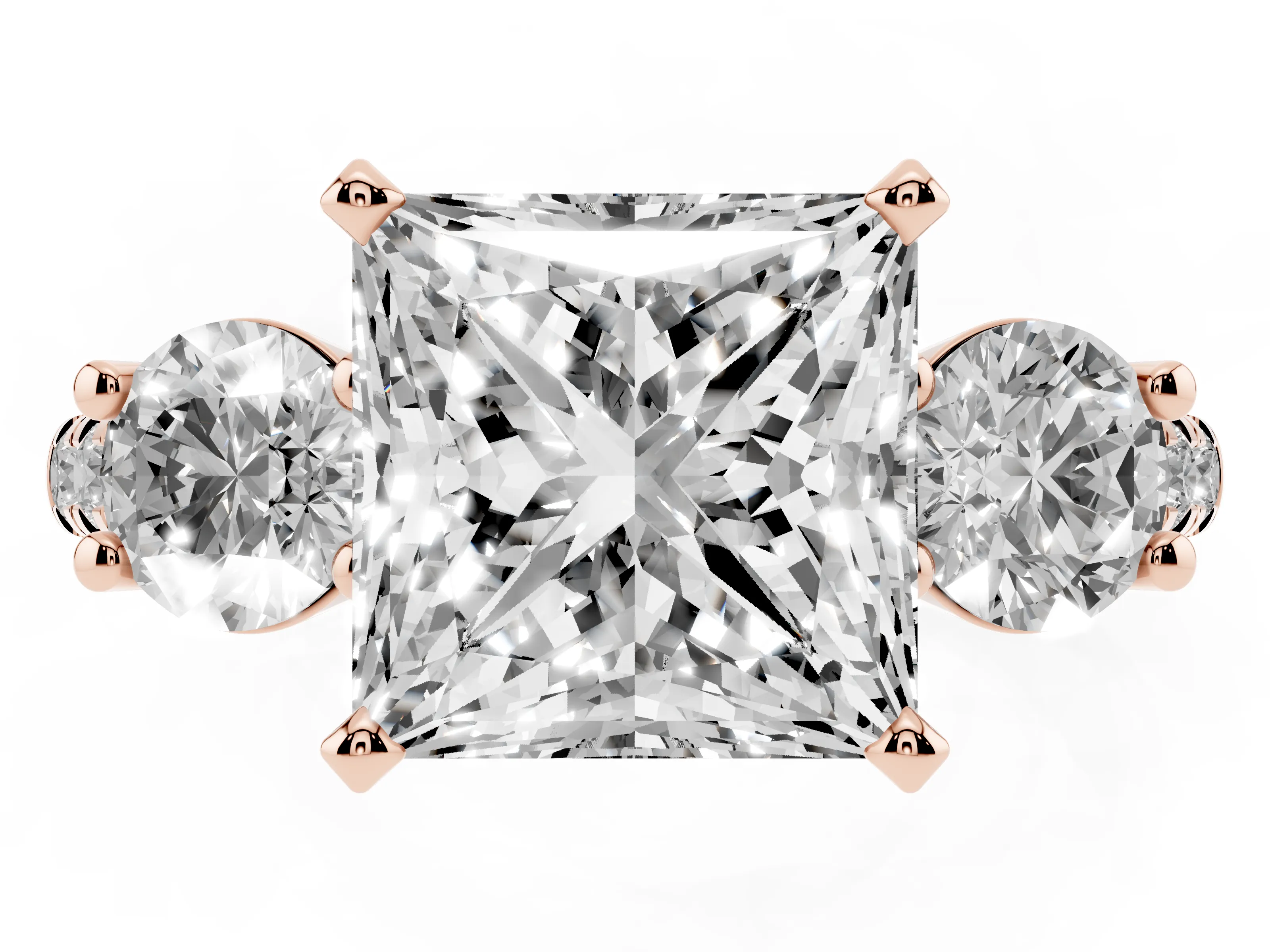 Three-Stone Princess Cut Diamond Pavé Band Ring Set in Rose gold with Prong-Set Trio