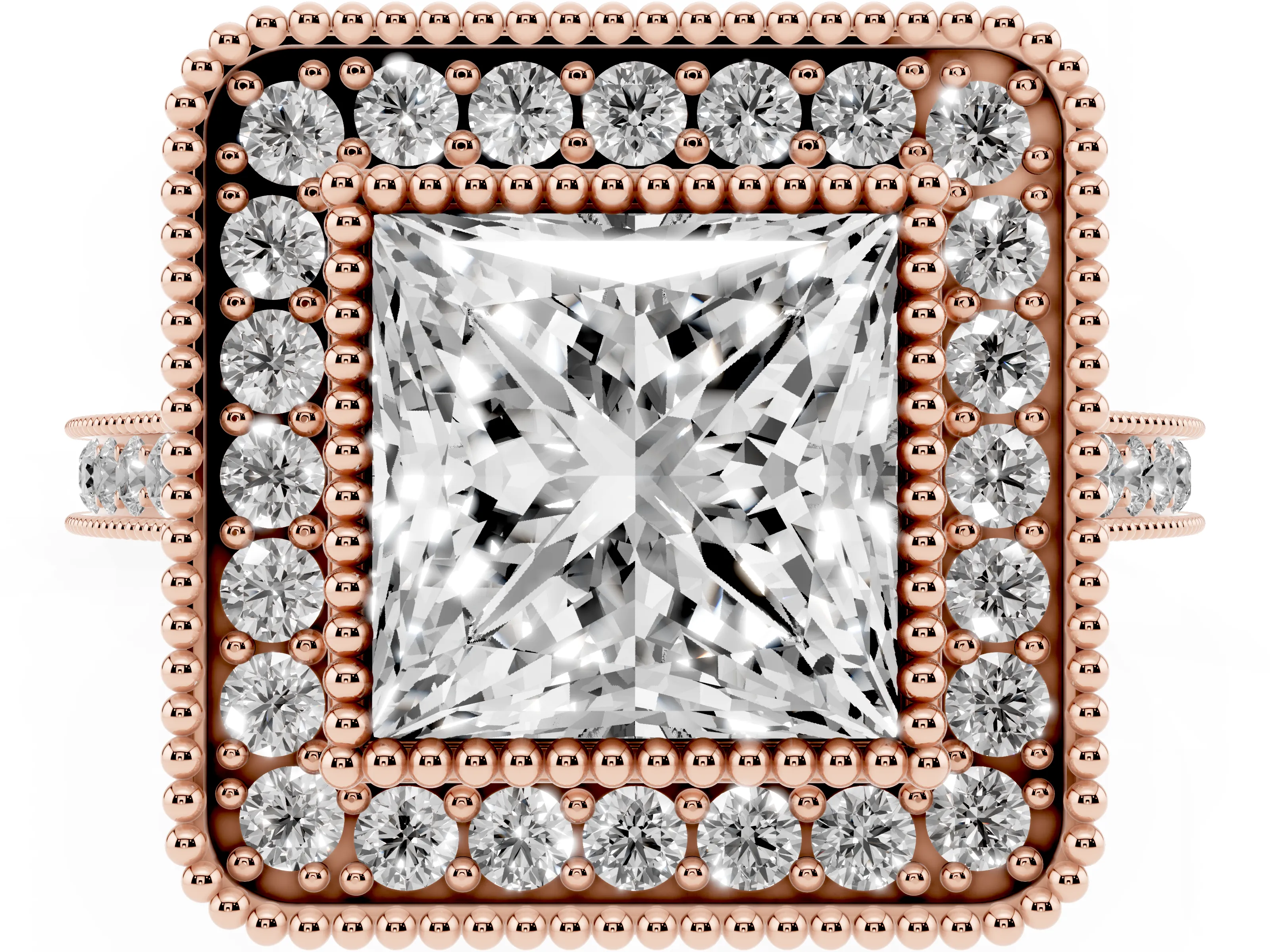 Princess Cut Diamond Halo Ring Set in Rose gold with Milgrain Frame and Pavé Band