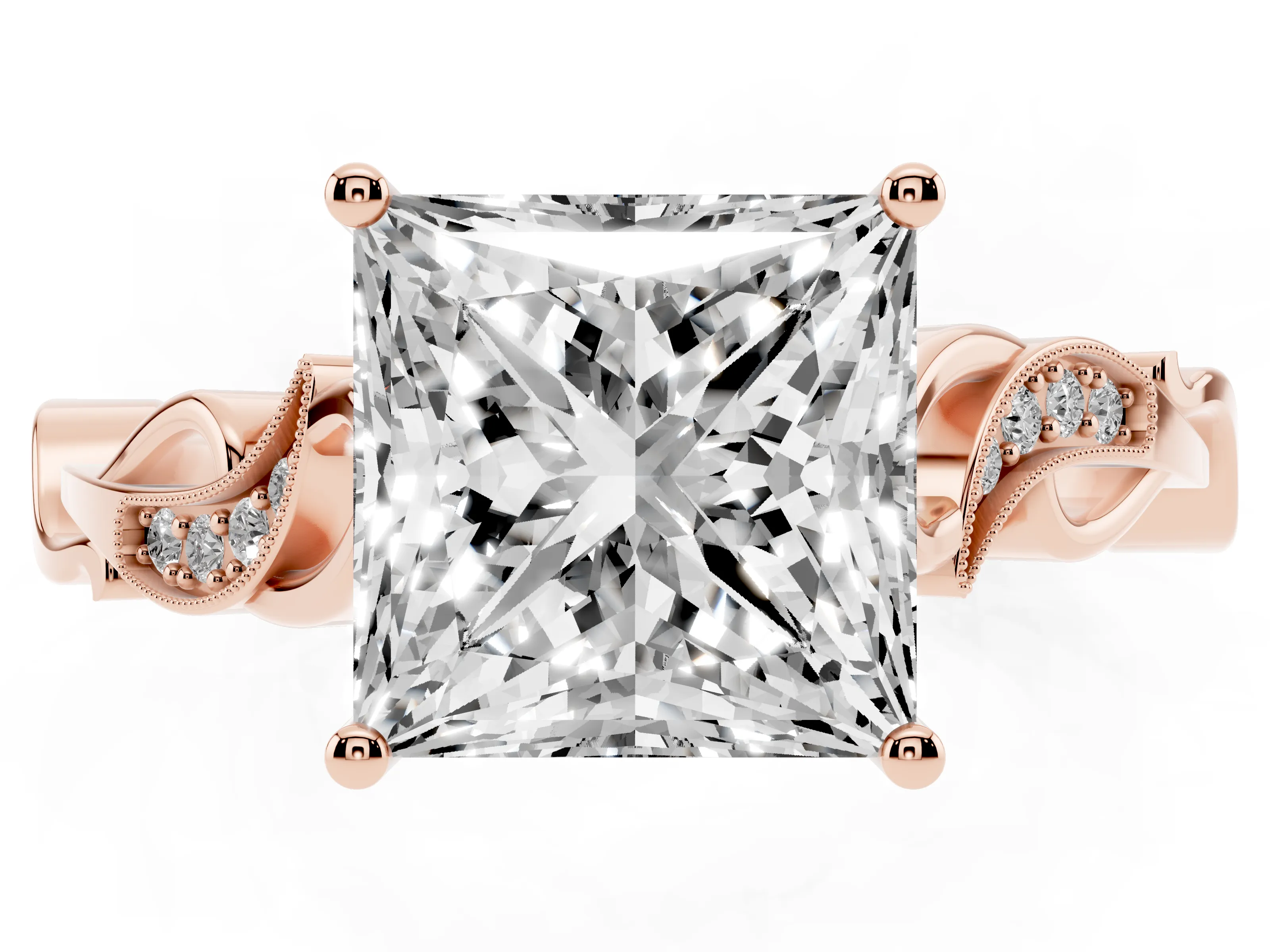 Princess Cut Diamond Vine Band Solitaire Ring Set in Rose gold with Milgrain Prong Setting