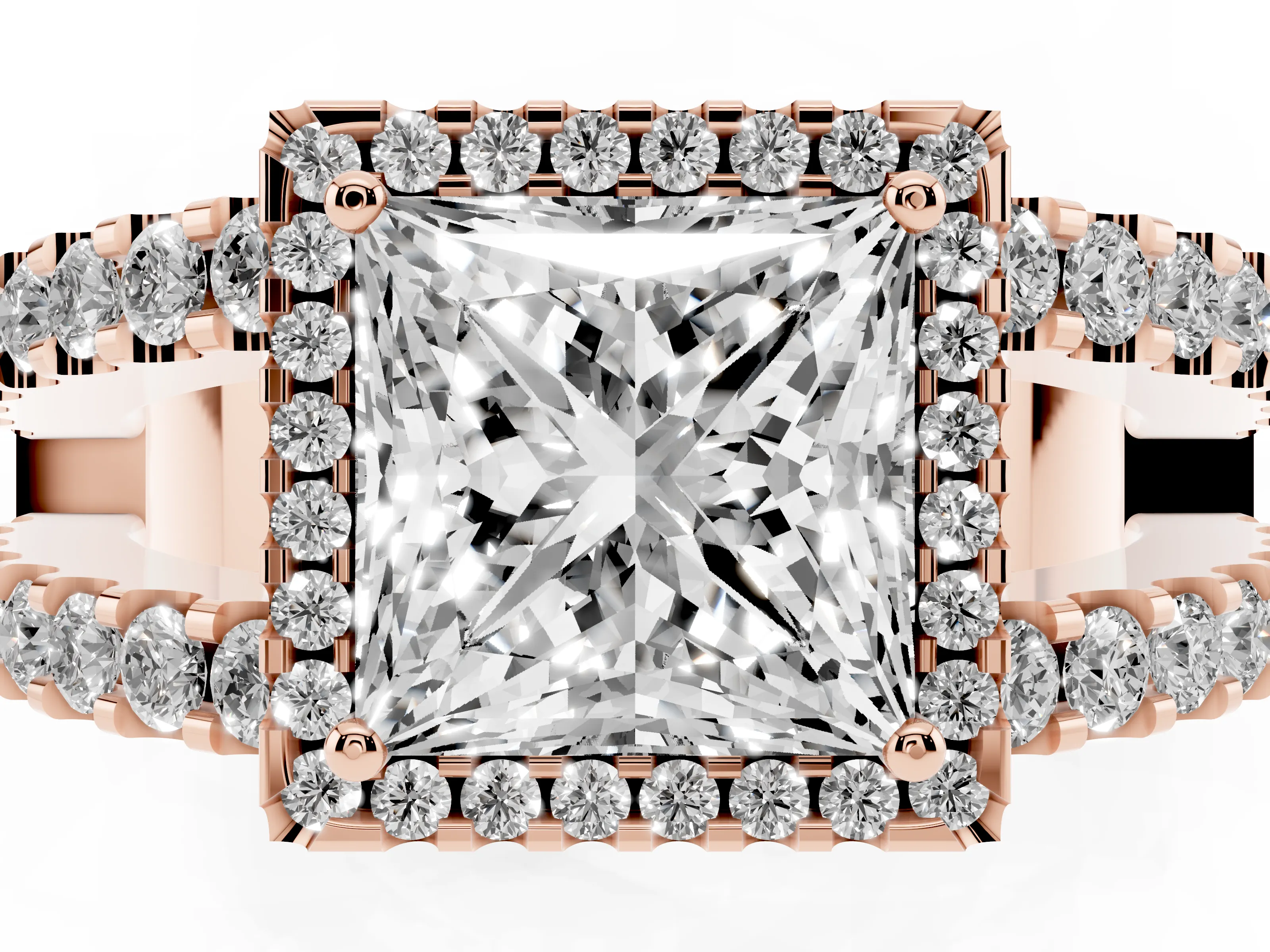 Princess Cut Diamond Halo Ring Set in Rose gold with Pavé Split Shank and Prong Setting
