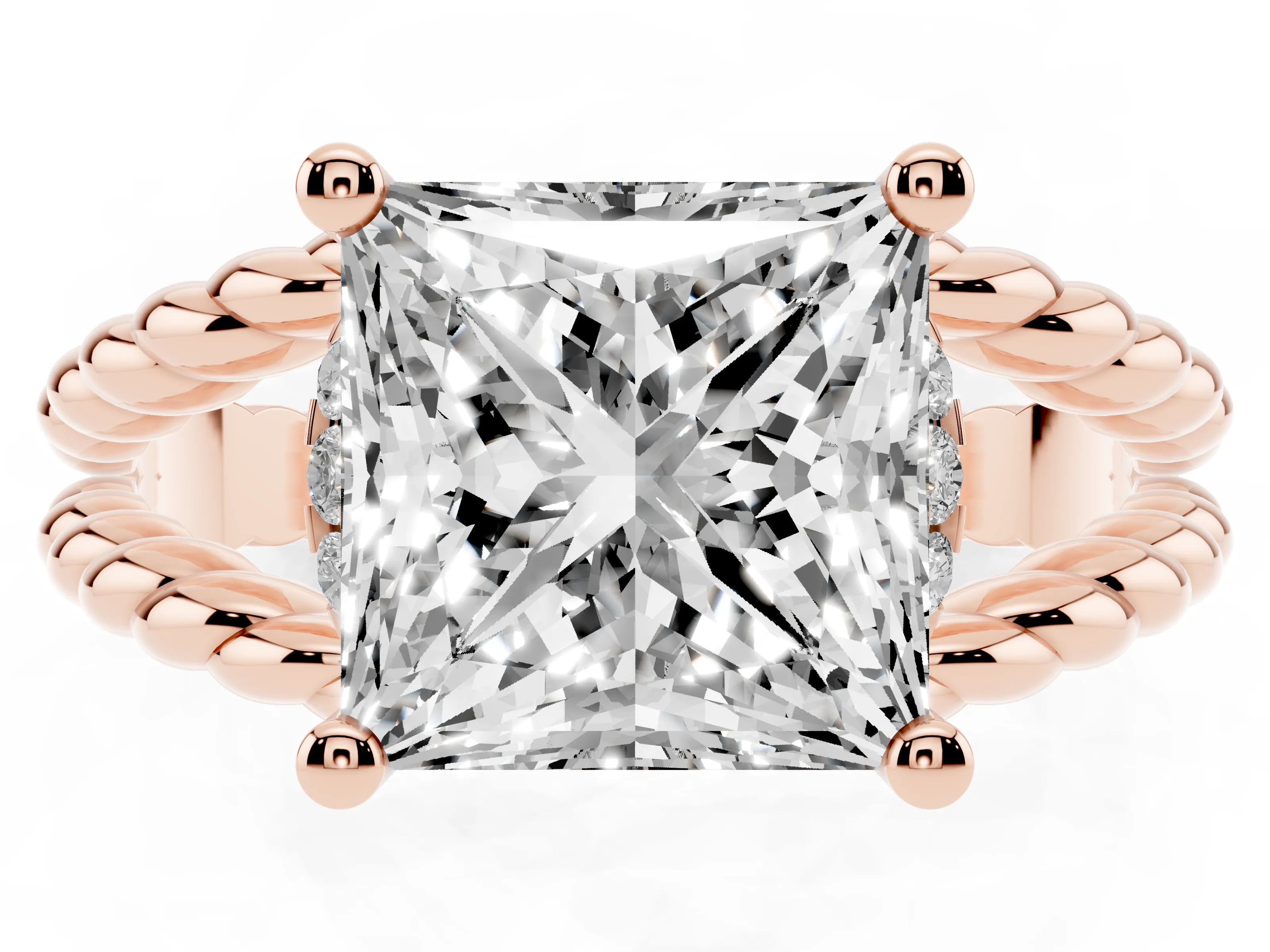 Princess Cut Diamond Halo Ring Set in Rose gold with Twisted Band and Prong Setting