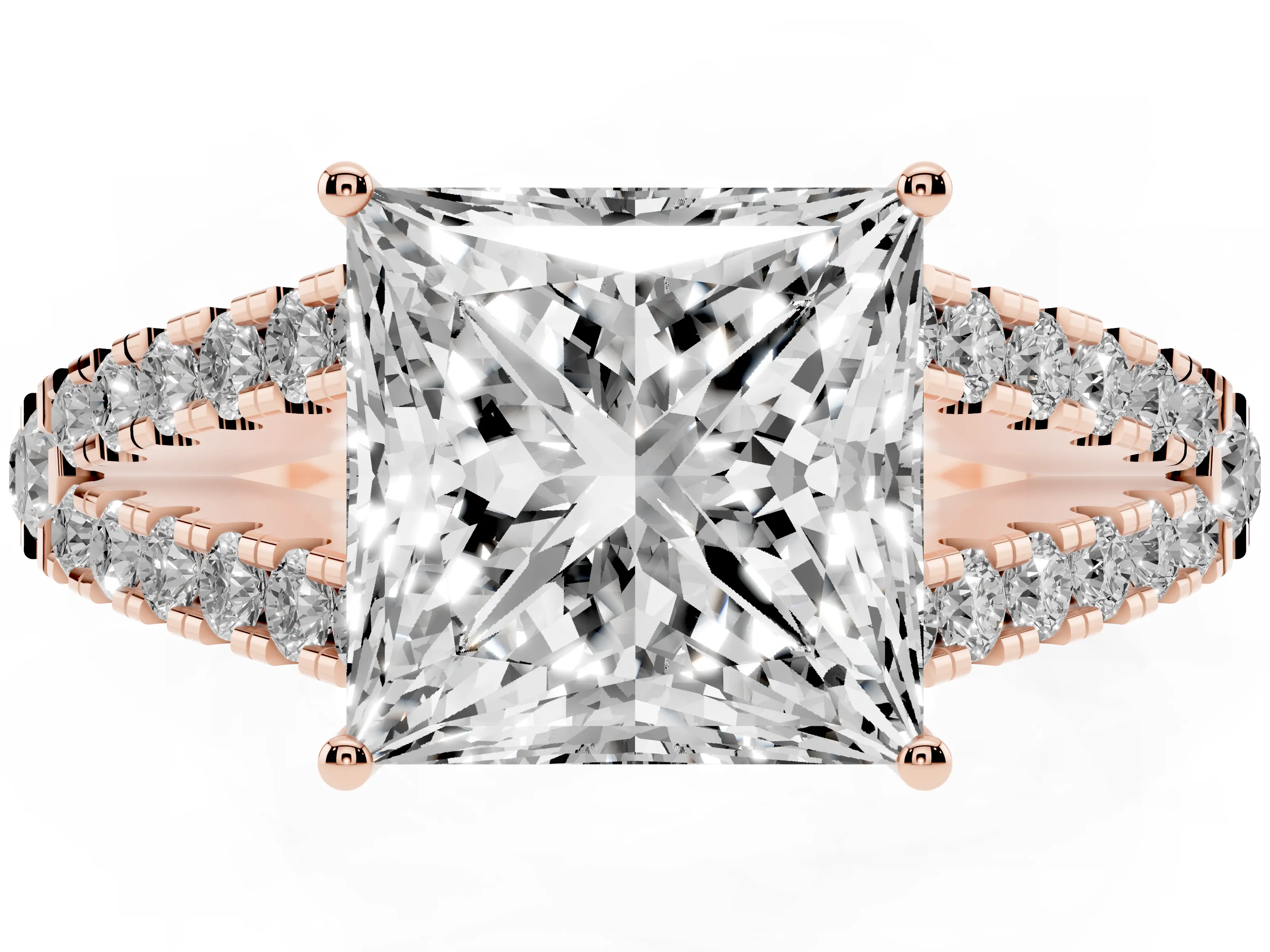 Princess Cut Diamond Split Shank Pavé Engagement Ring Set in Rose gold with Prong-Held Center Stone