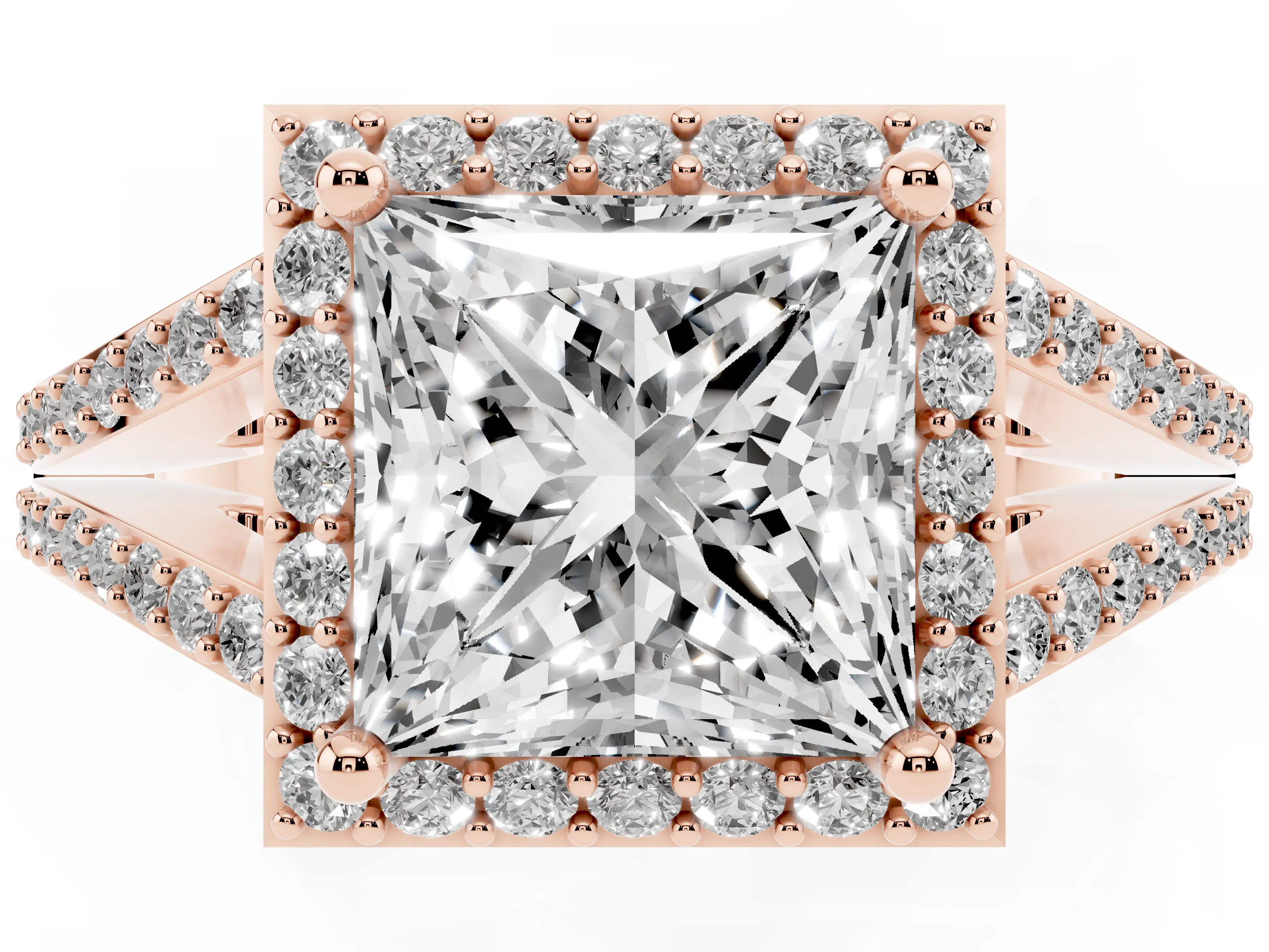 Princess Cut Diamond Halo Split Shank Pavé Ring Set in Rose gold with Prong Setting