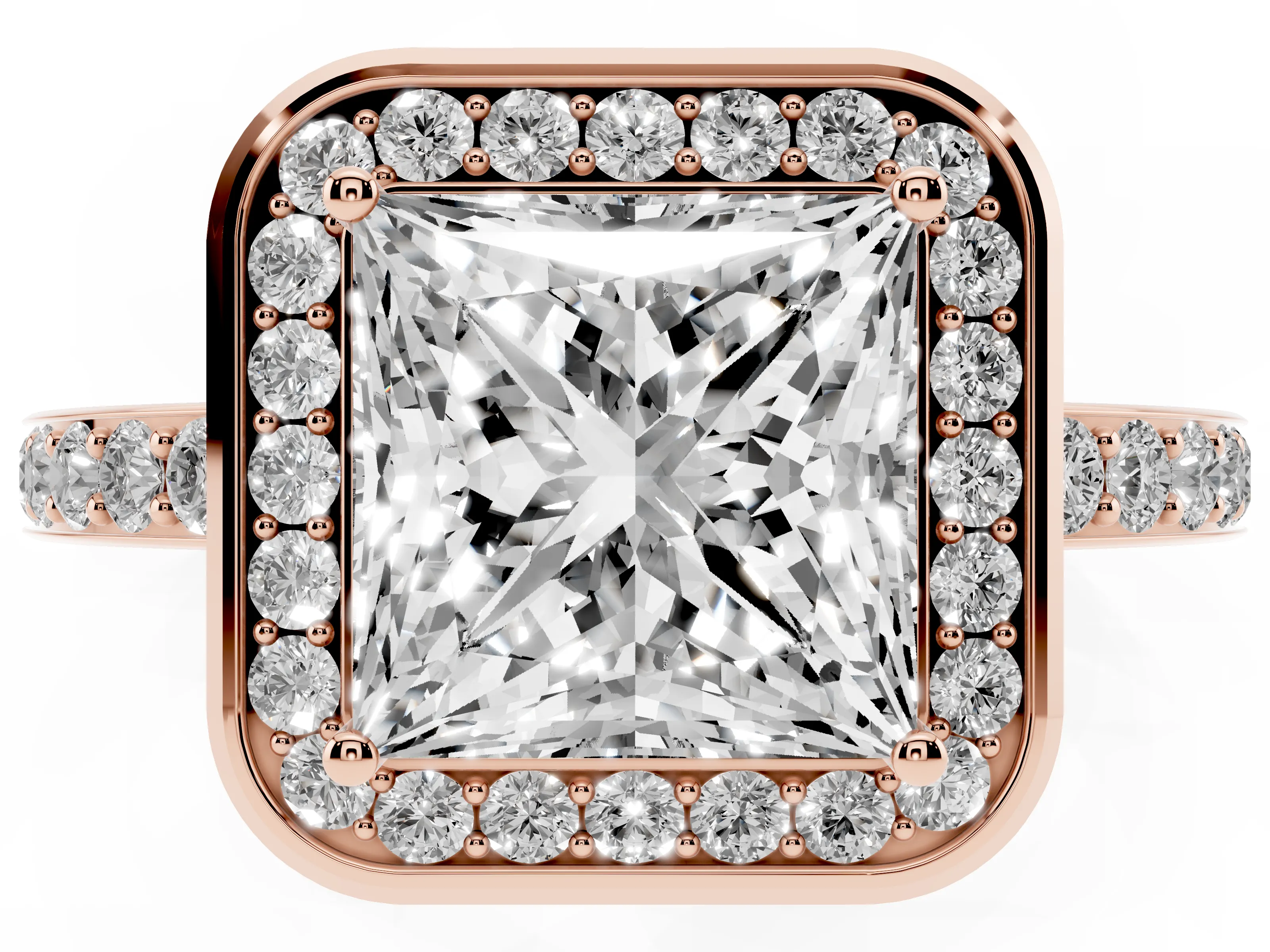 Princess Cut Diamond Halo Ring Set in Rose gold with Bezel Frame and Pavé Band